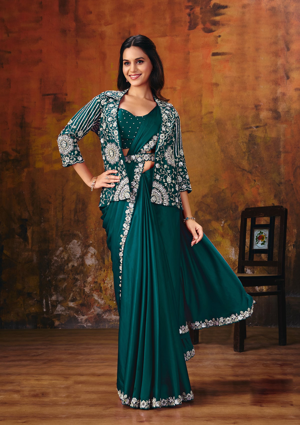 Teal Green Embellished Satin Silk Saree