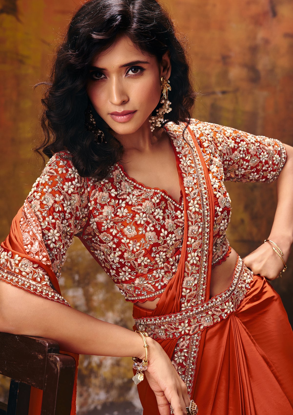 Fiery Orange Embellished Satin Silk Saree