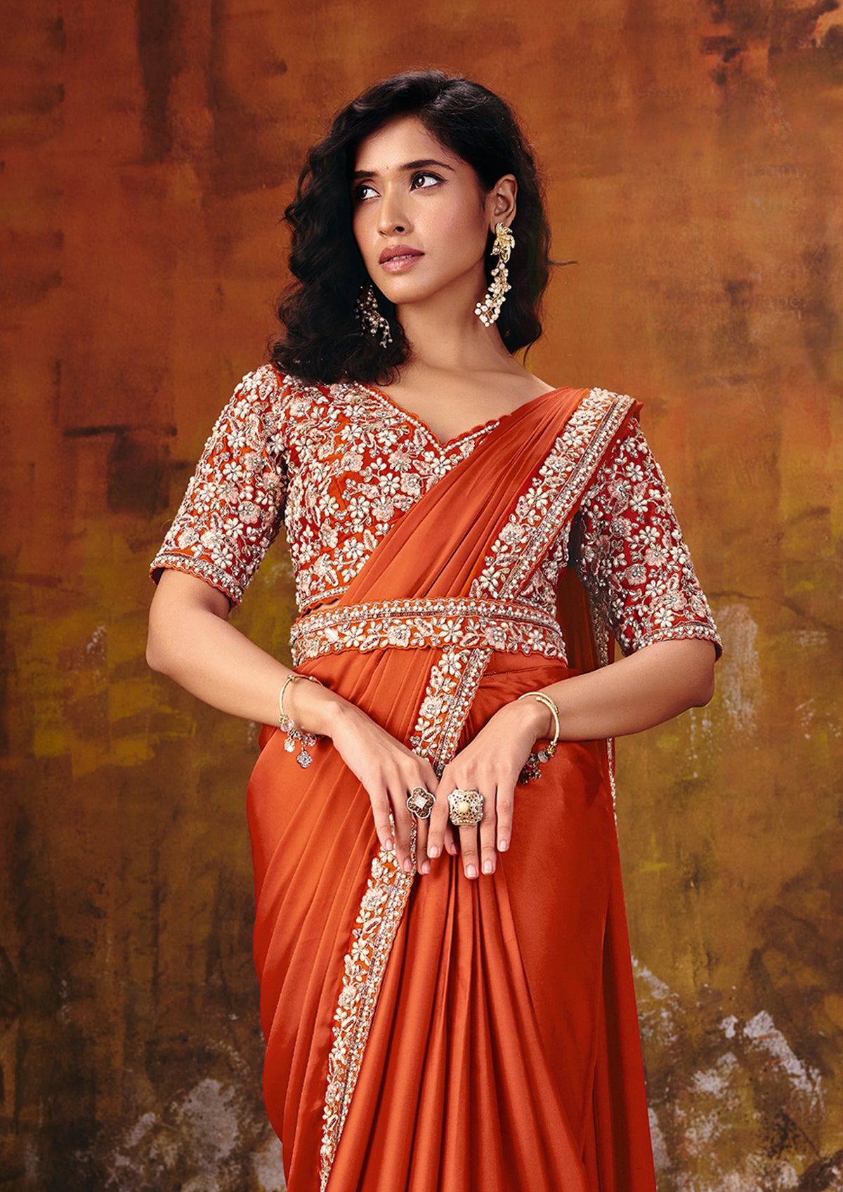 Fiery Orange Embellished Satin Silk Saree
