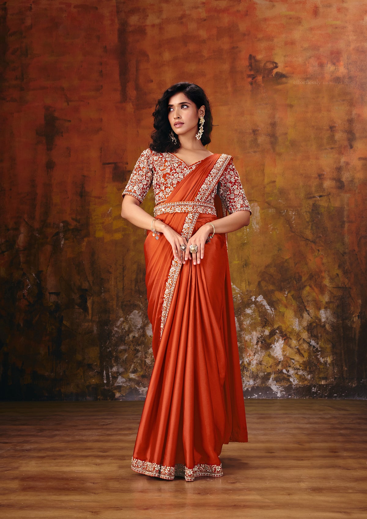 Fiery Orange Embellished Satin Silk Saree