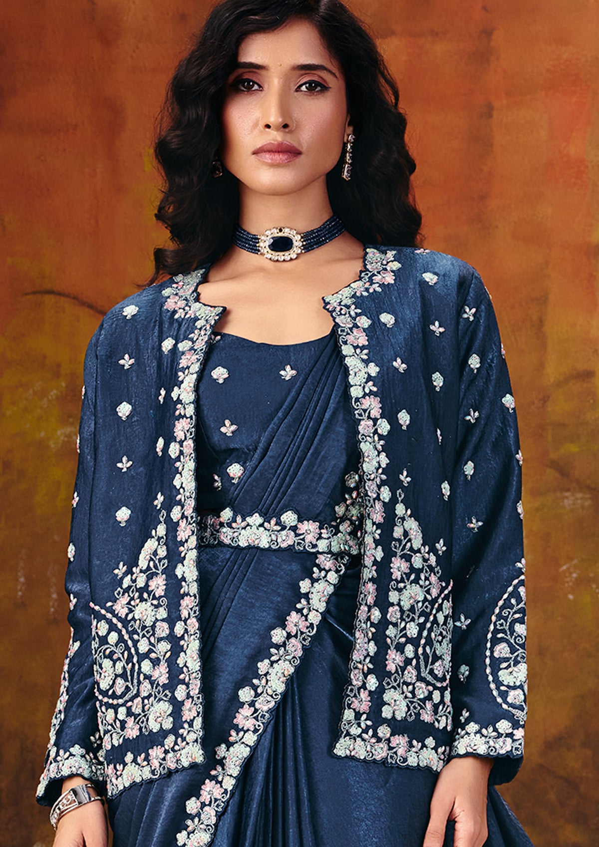 Midnight Blue Embroidered Velvet Satin Saree