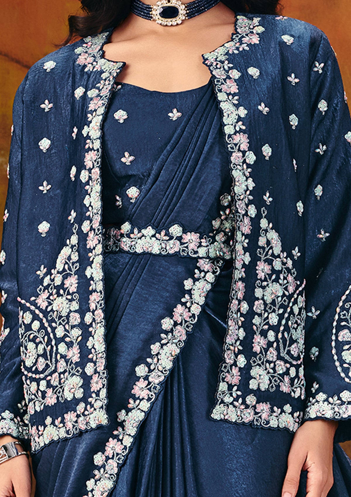 Midnight Blue Embroidered Velvet Satin Saree
