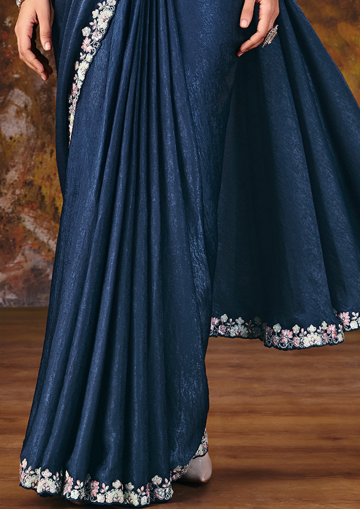 Midnight Blue Embroidered Velvet Satin Saree