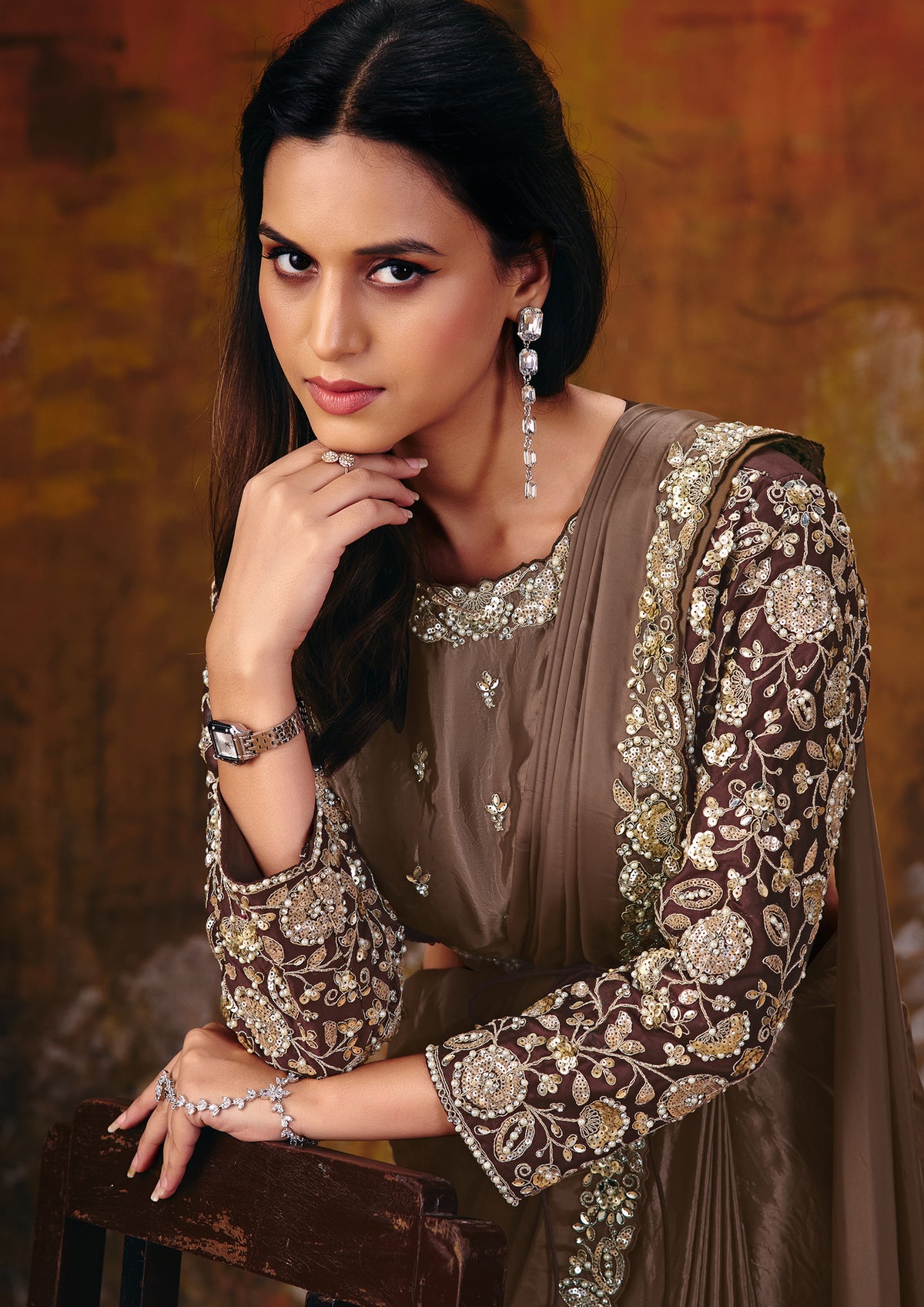 Bronze Brown Embroidered Satin Silk Saree
