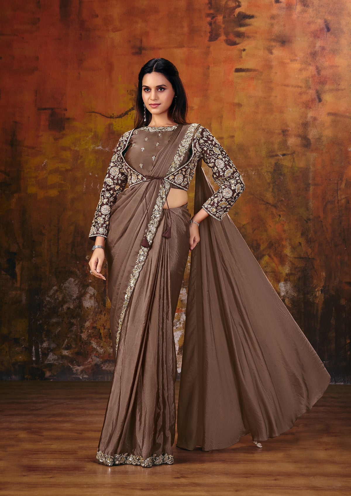 Bronze Brown Embroidered Satin Silk Saree