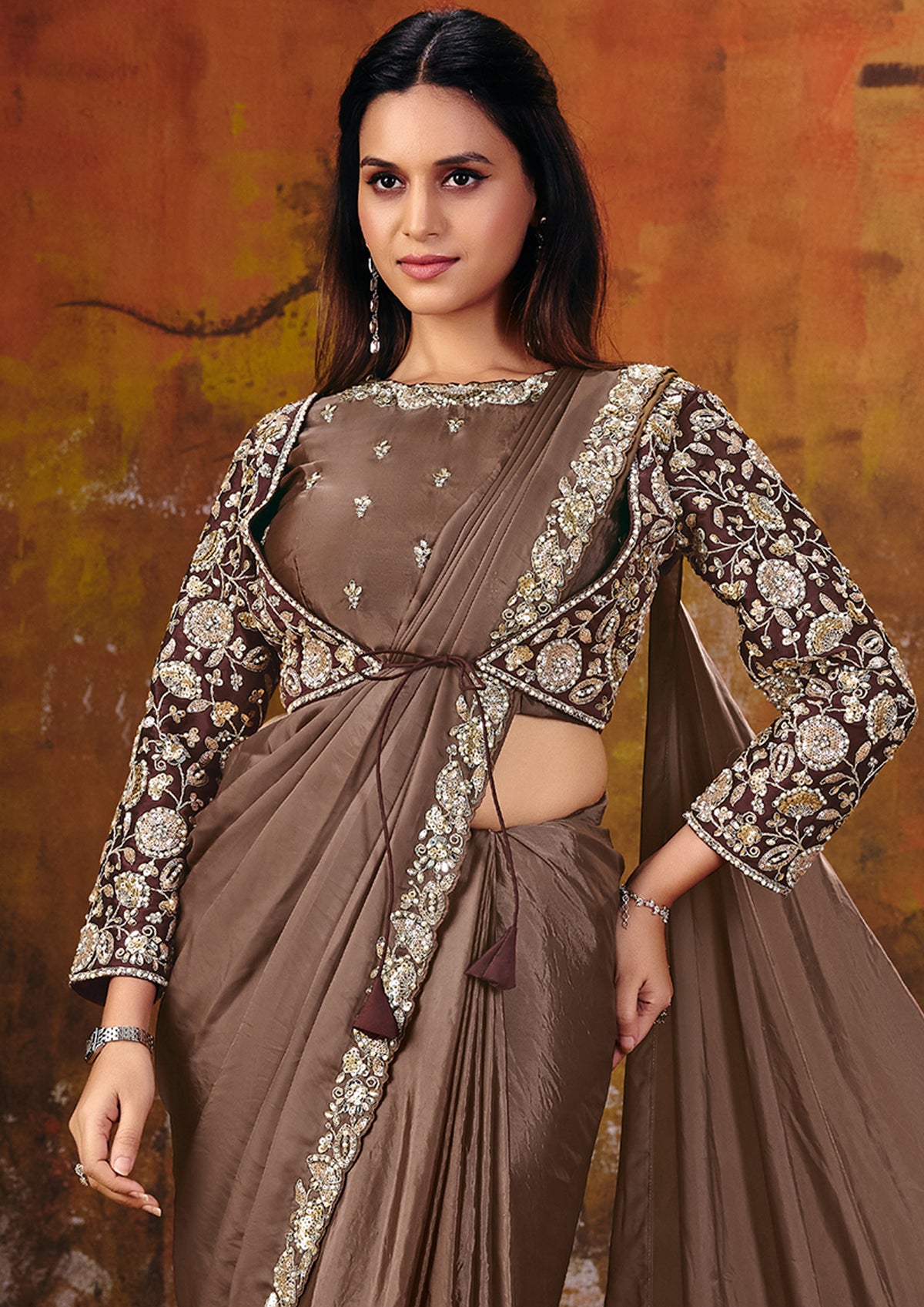 Bronze Brown Embroidered Satin Silk Saree