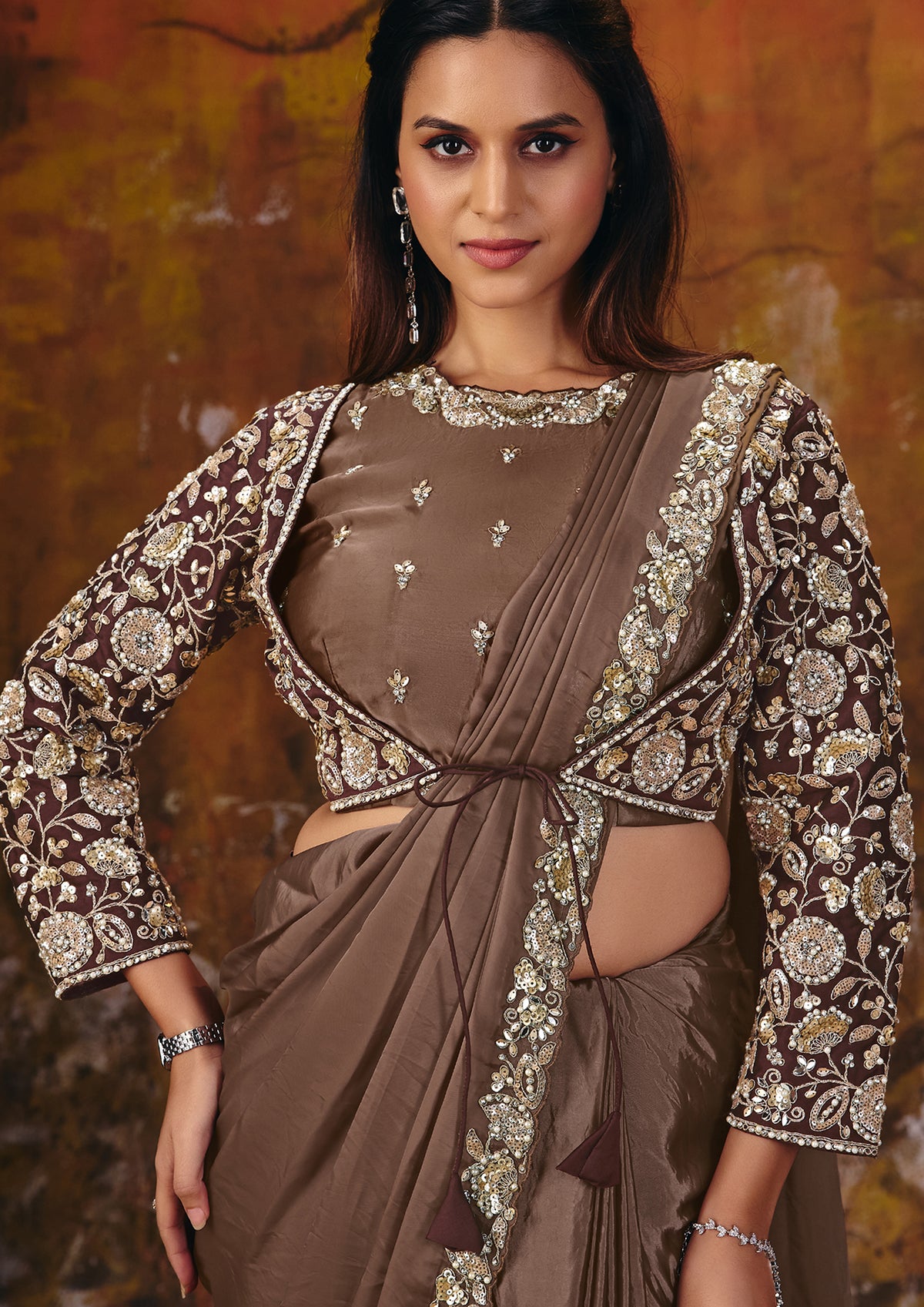 Bronze Brown Embroidered Satin Silk Saree