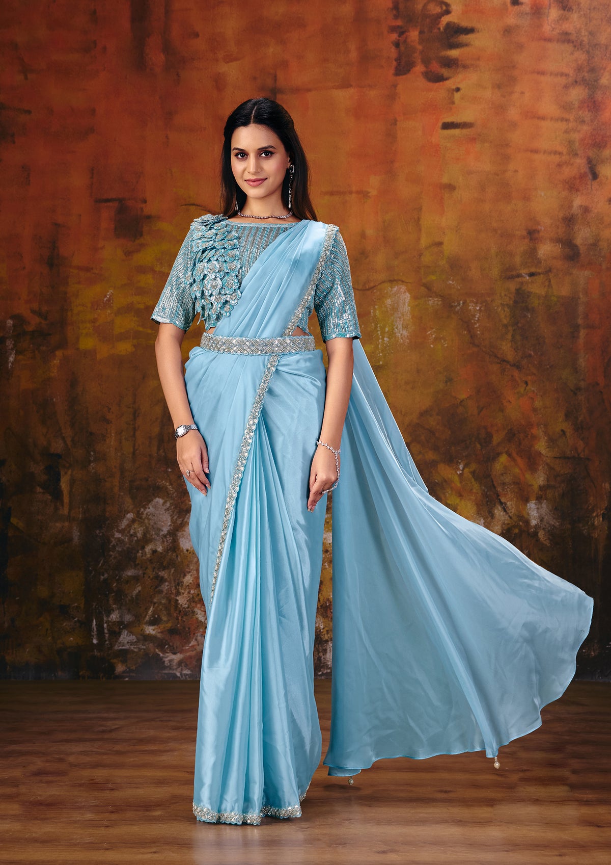 Ice Blue Embellished Premium Net Saree