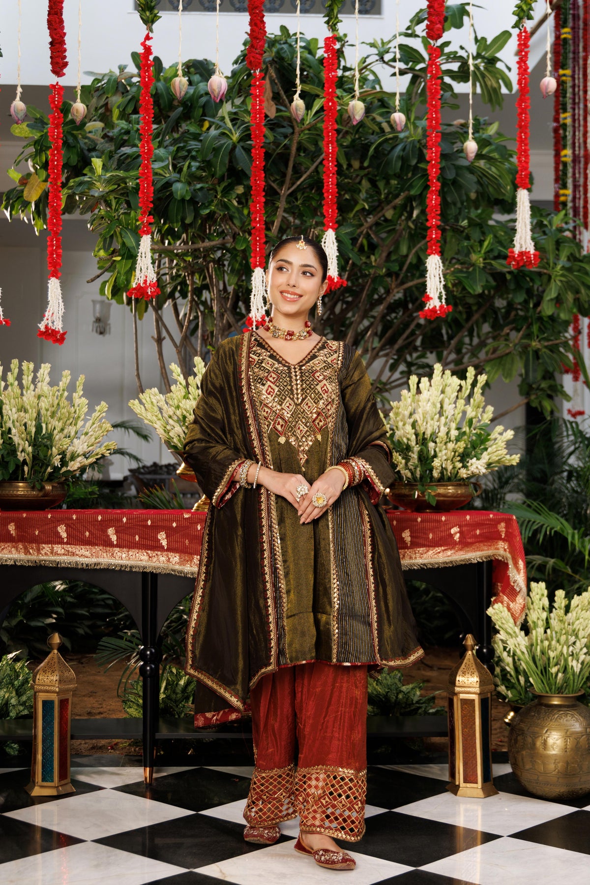 Metallic Green Embellished Shimmer Tissue Farshi Salwar Set