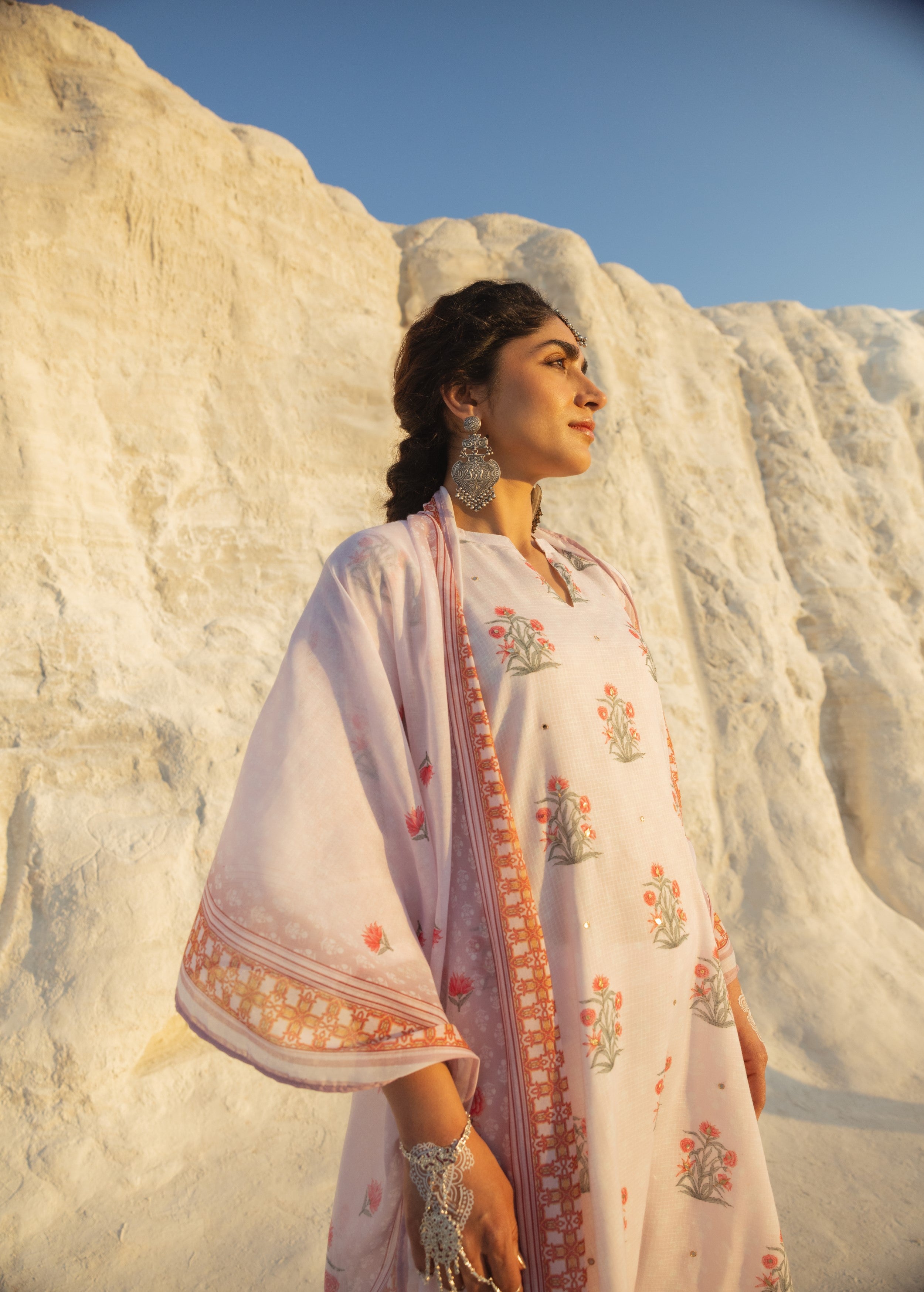 Pastel Pink Embellished Kota Doria Pant Set