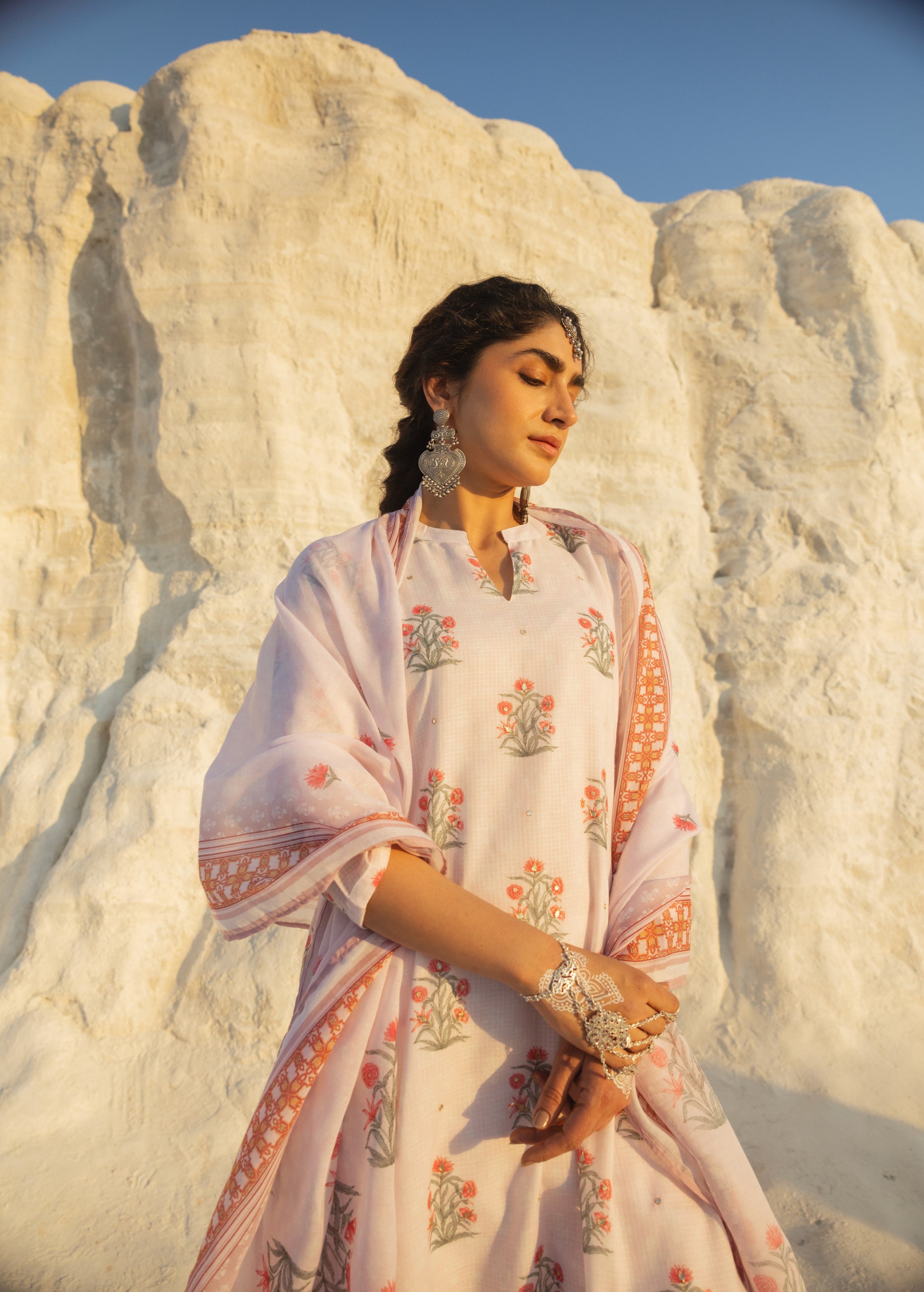 Pastel Pink Embellished Kota Doria Pant Set