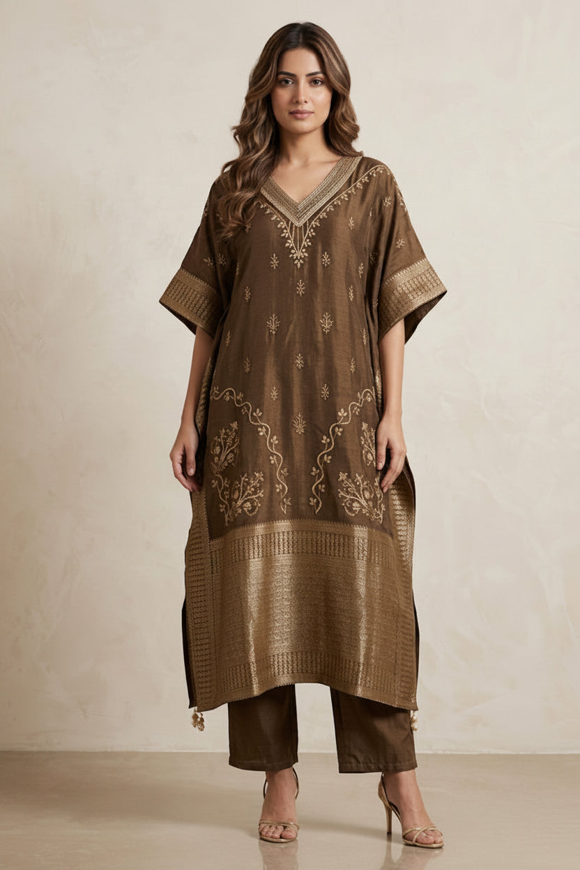 Regal Brown Embellished Georgette Silk Kaftan Set