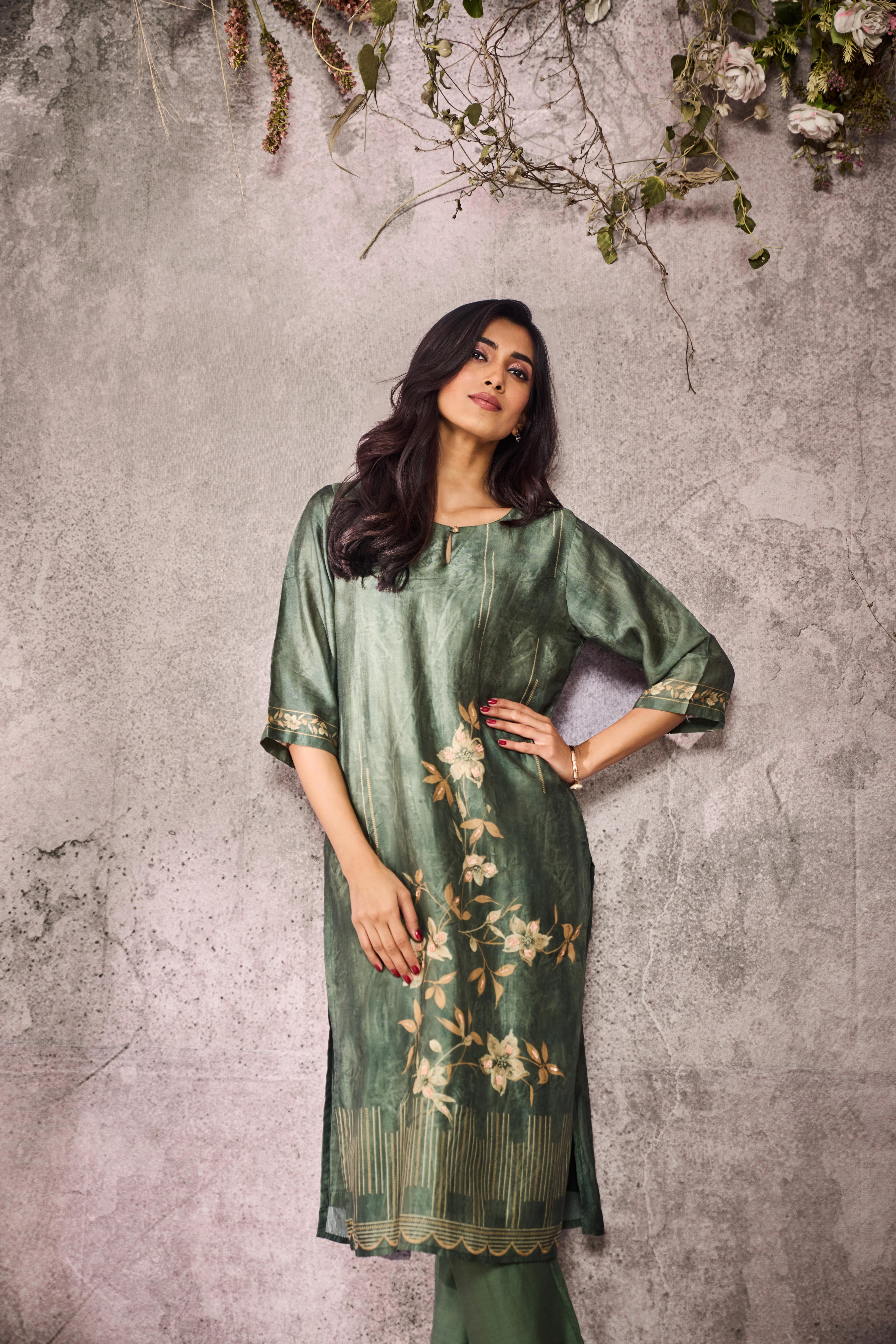 Moss Green Printed Muslin Silk Kurta Set