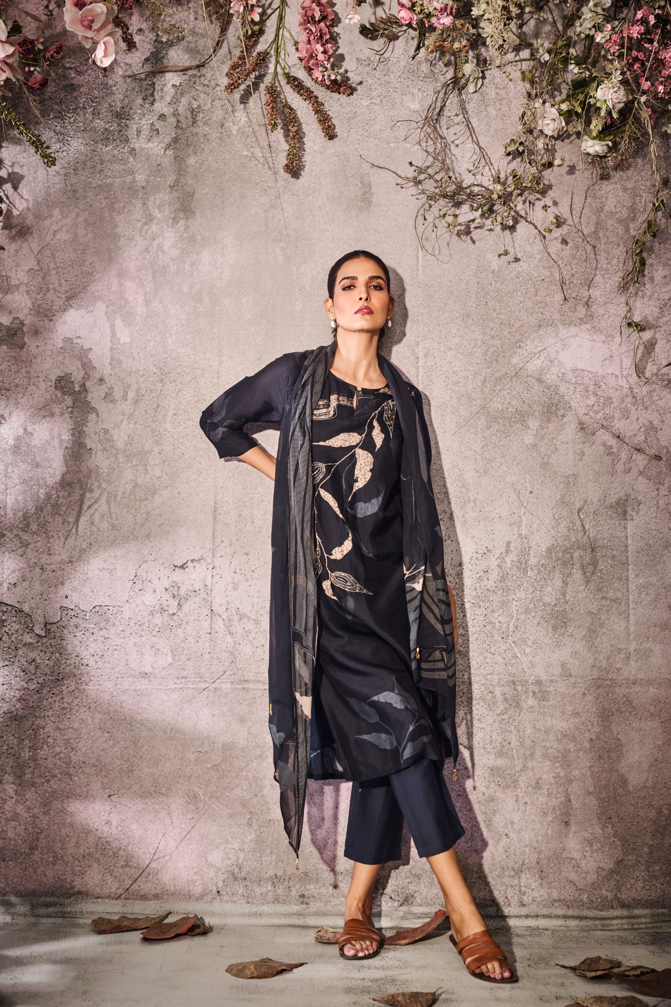 Black Printed Tussar Silk Pants Set