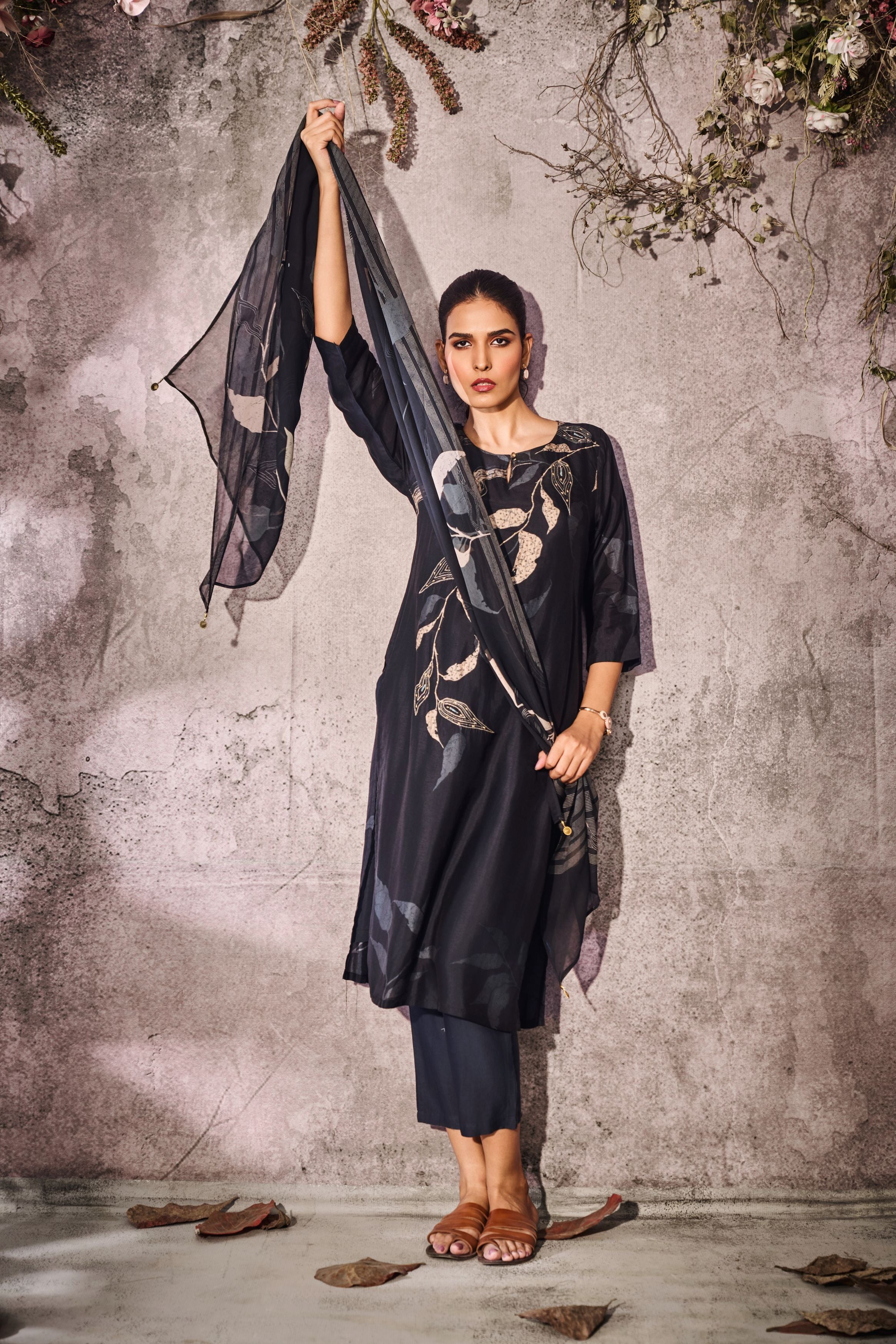 Black Printed Tussar Silk Pants Set