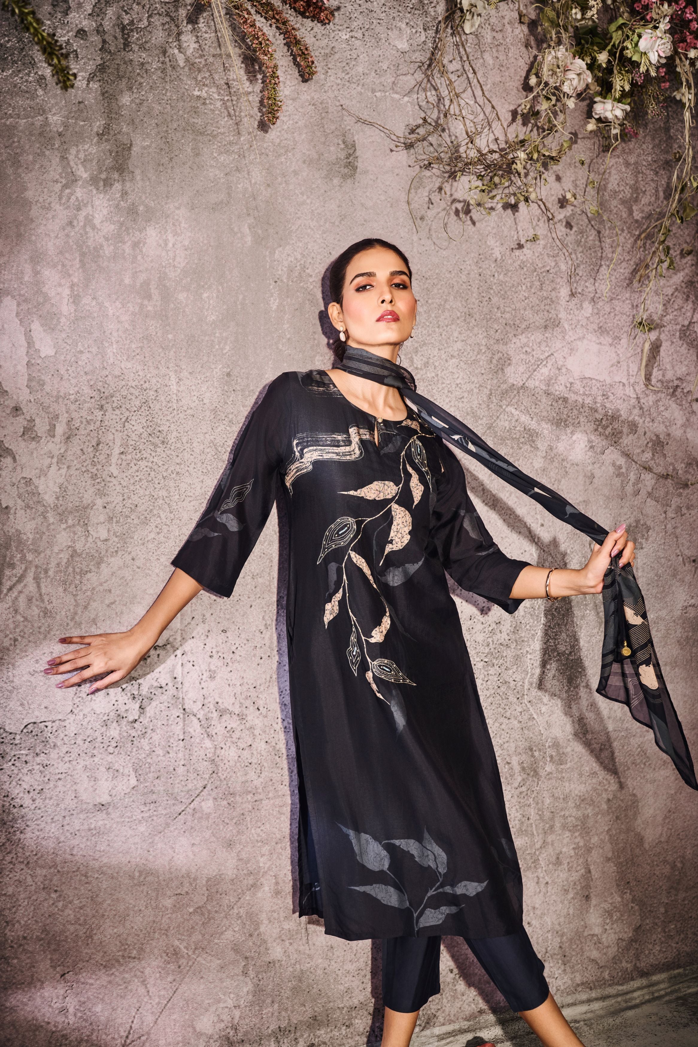 Black Printed Tussar Silk Pants Set