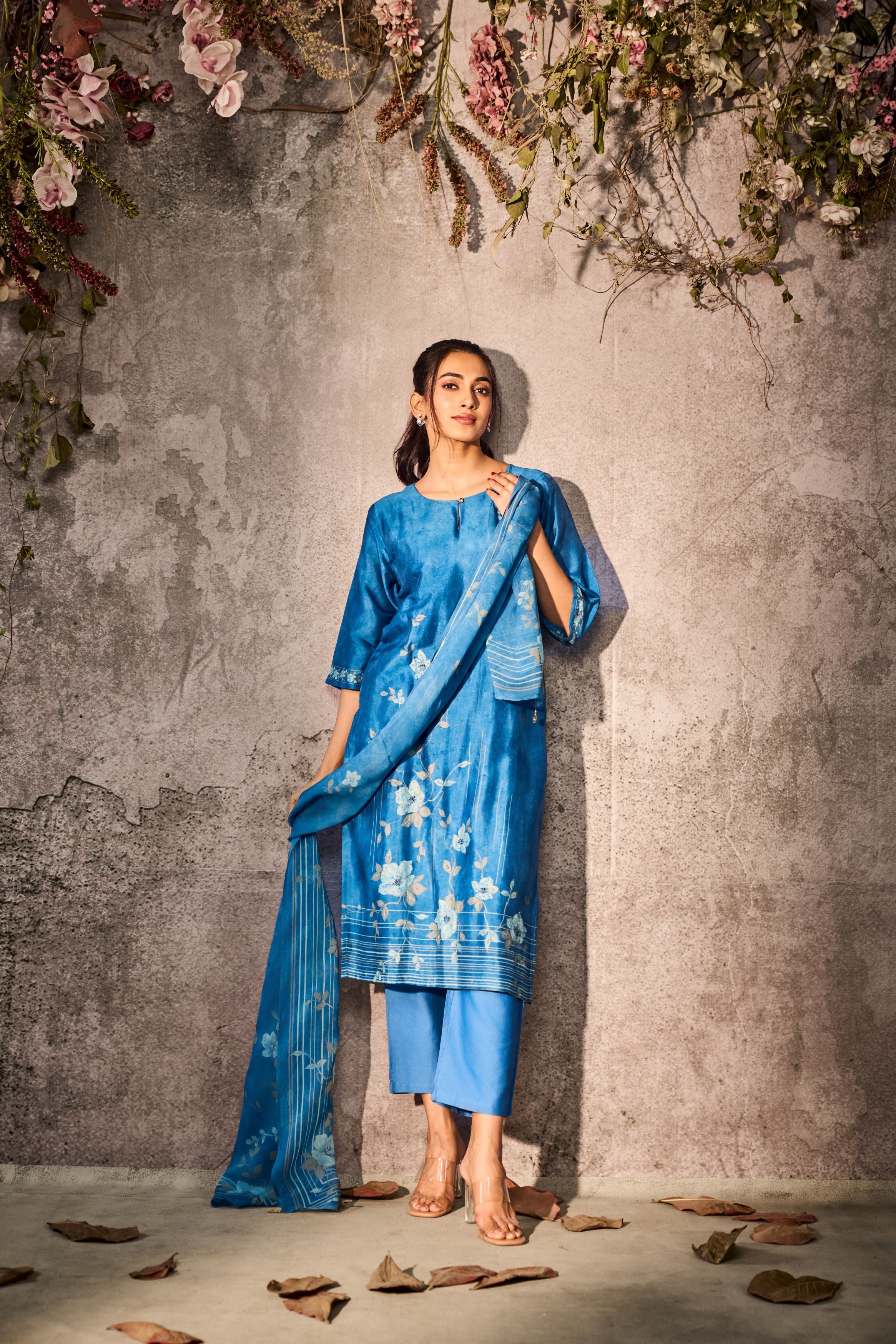 Blue Printed Tussar Silk Pants Set