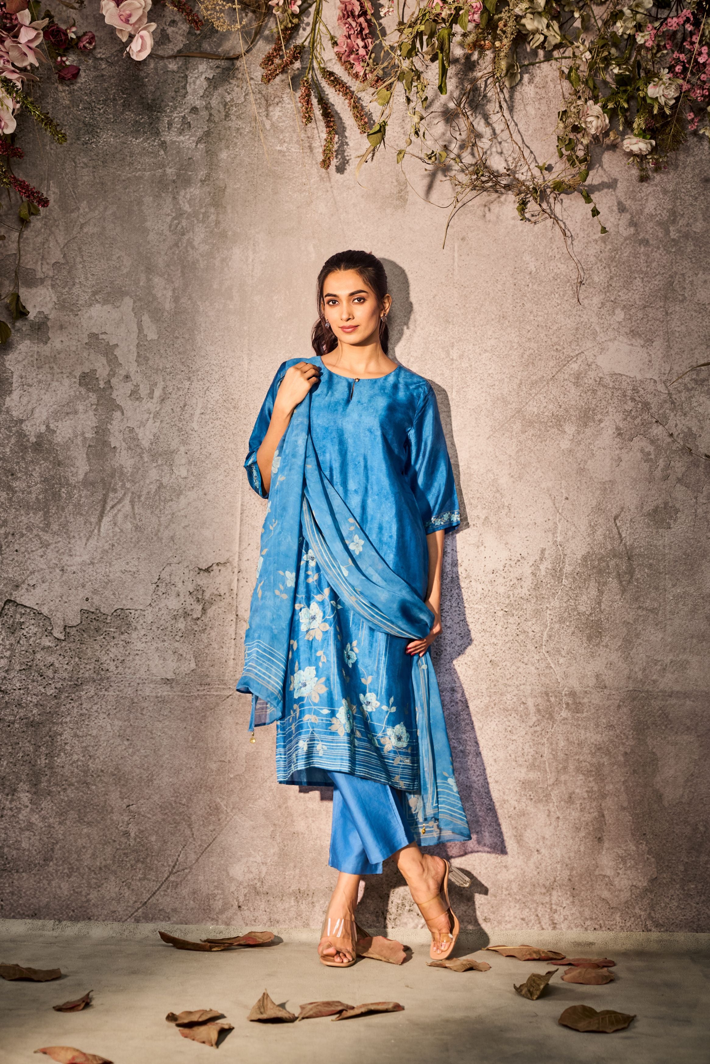 Blue Printed Tussar Silk Pants Set