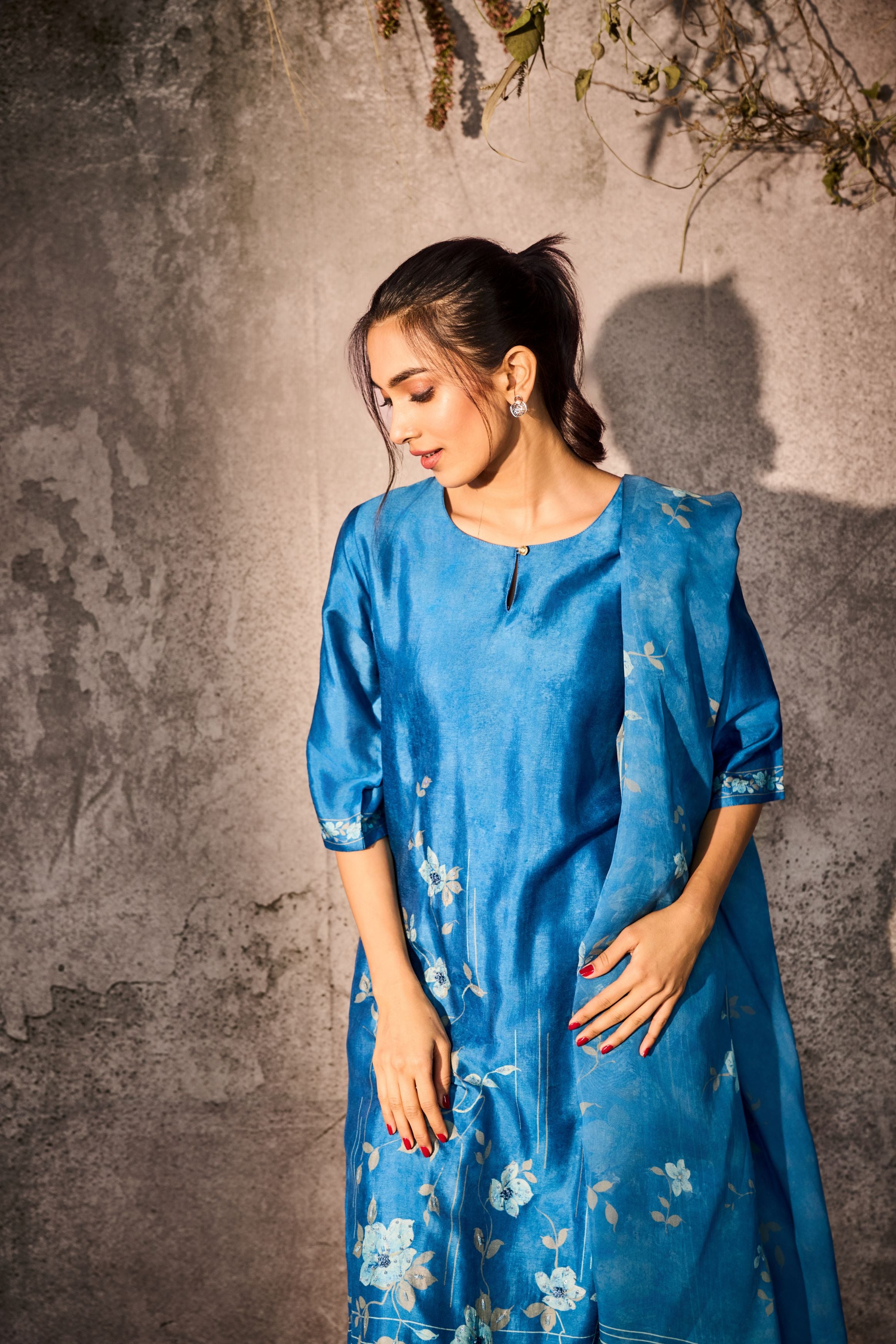 Blue Printed Tussar Silk Pants Set