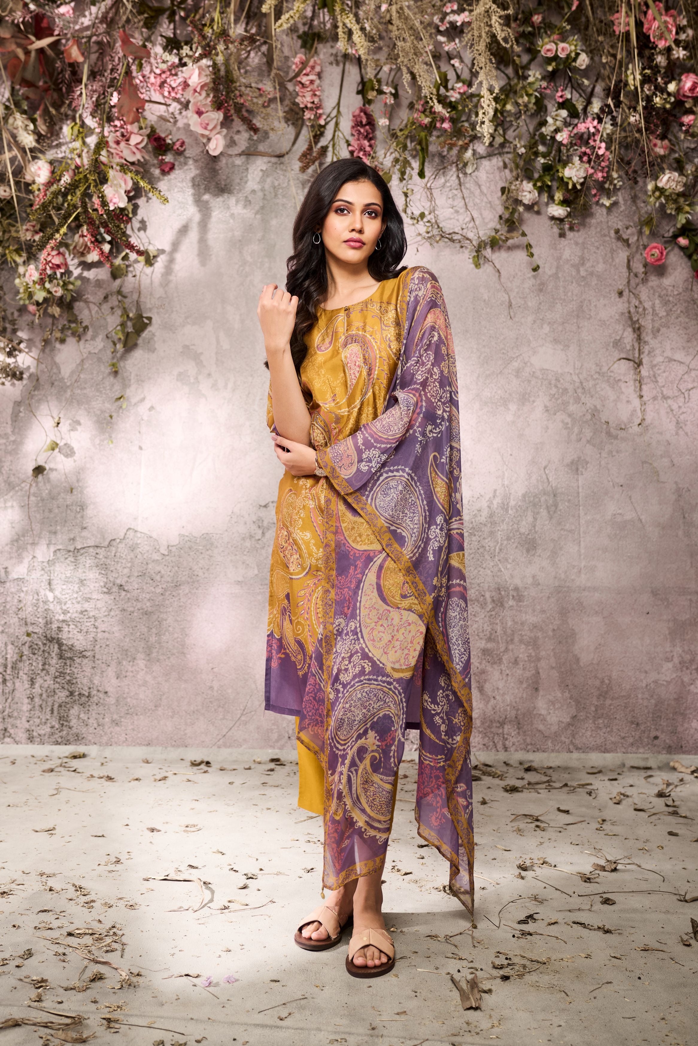 Mustard Printed Tussar Silk Pants Set