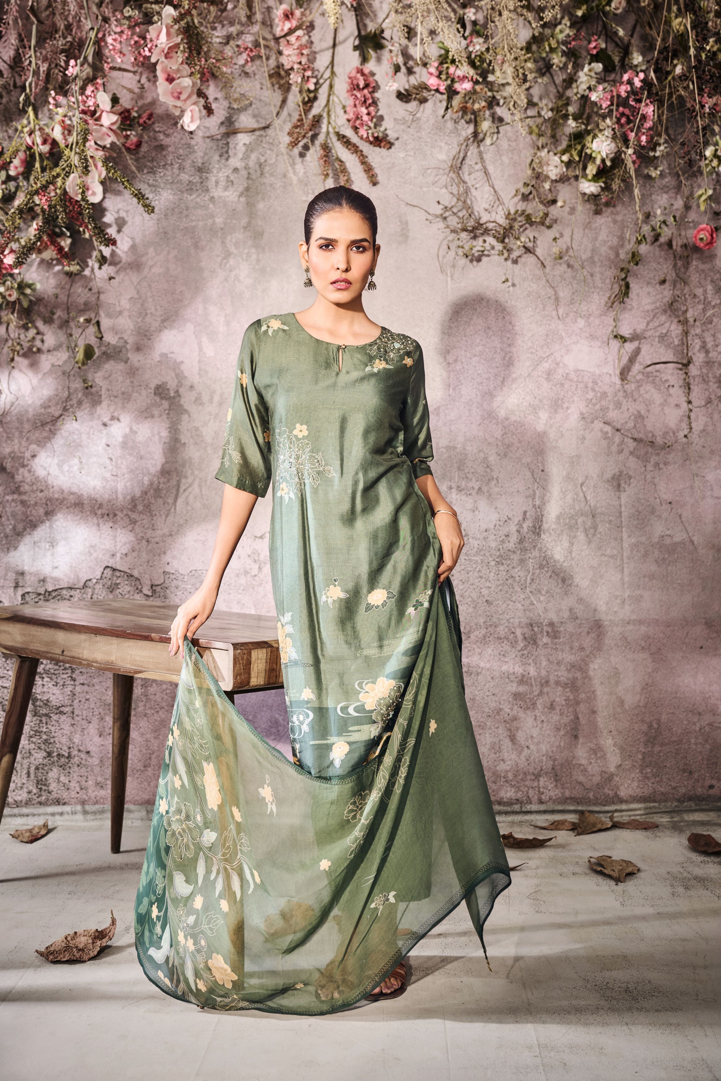 Moss Green Printed Tussar Silk Pants Set