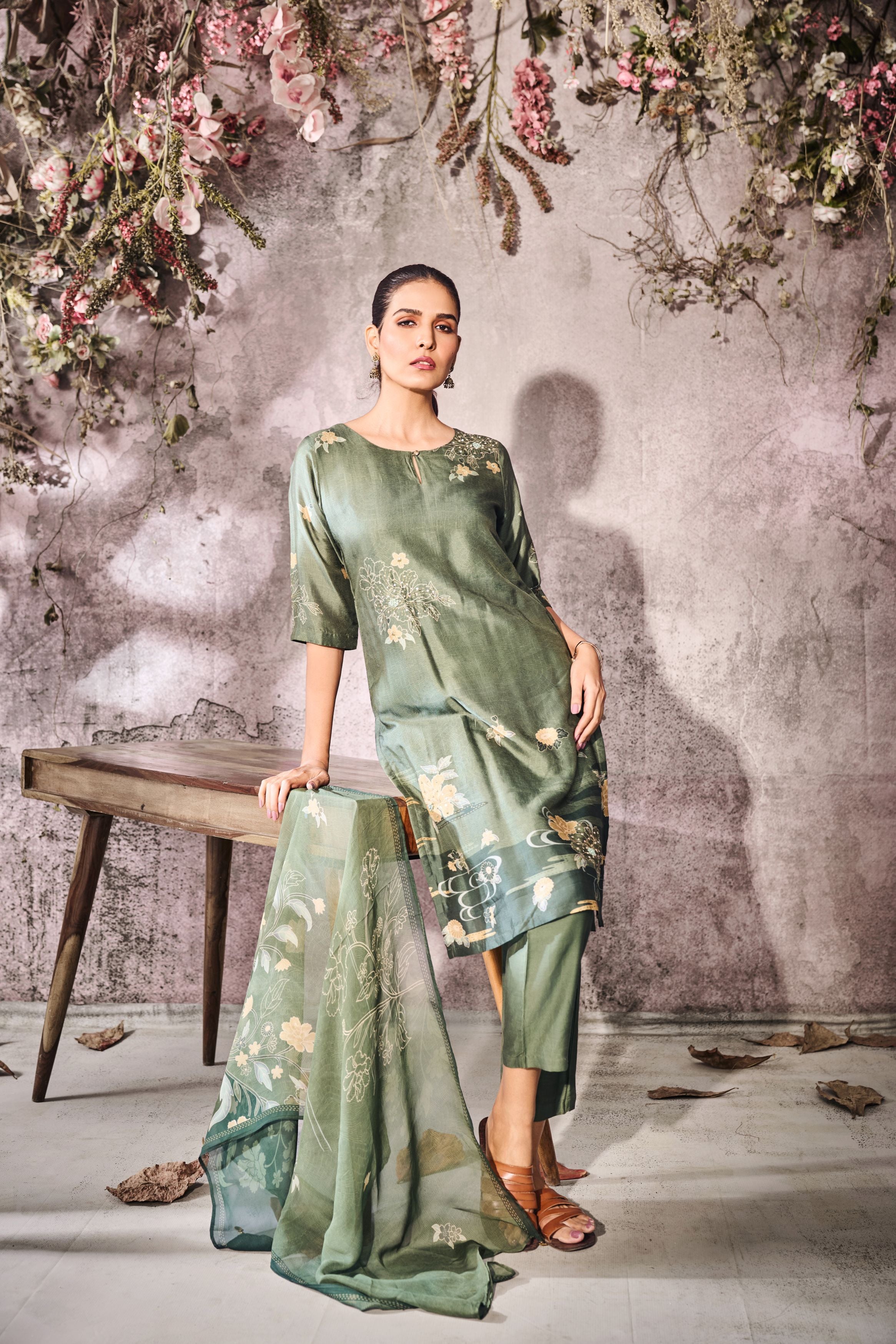 Moss Green Printed Tussar Silk Pants Set