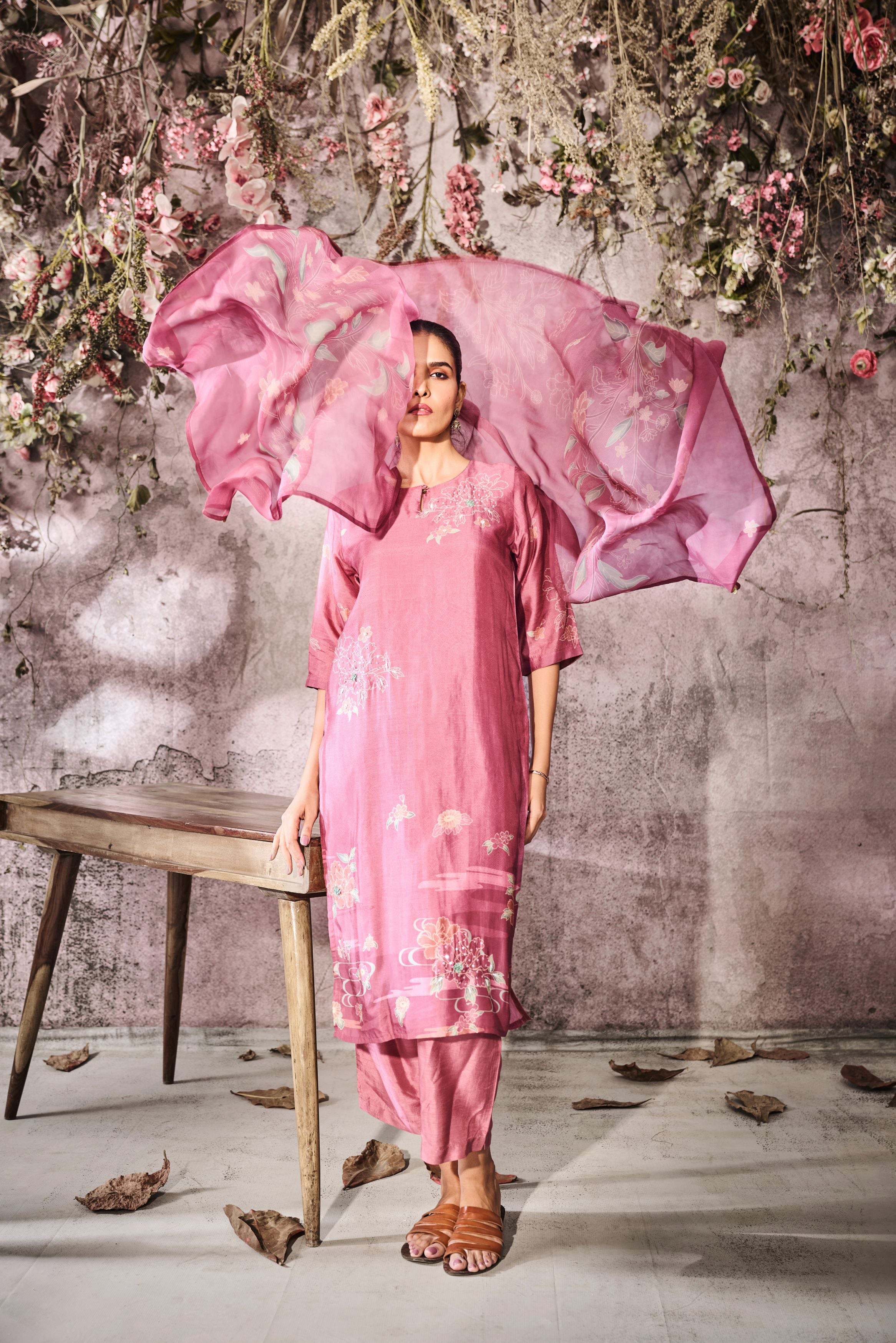 Pink Printed Tussar Silk Pants Set