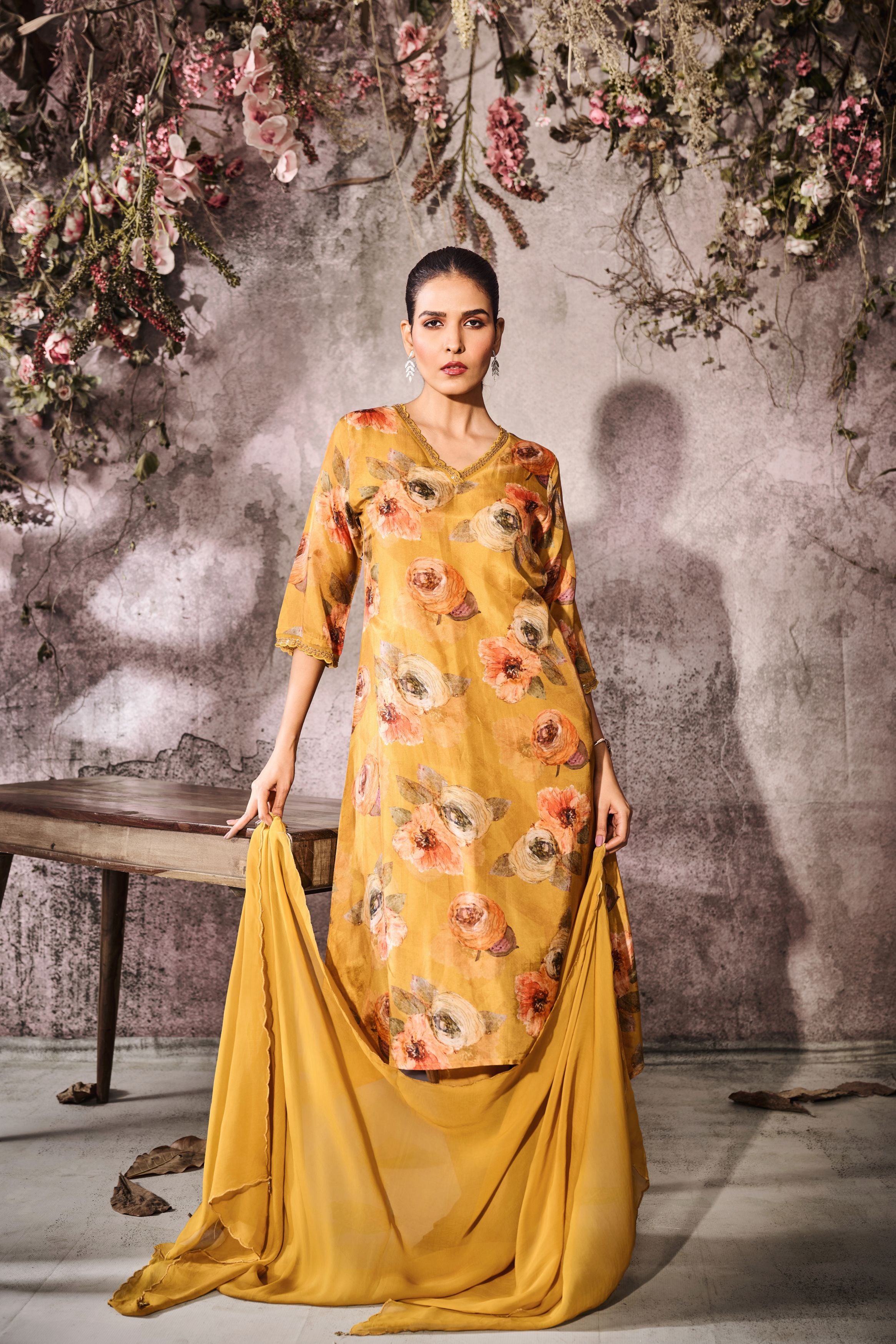 Yellow Printed Tussar Silk Pants Set