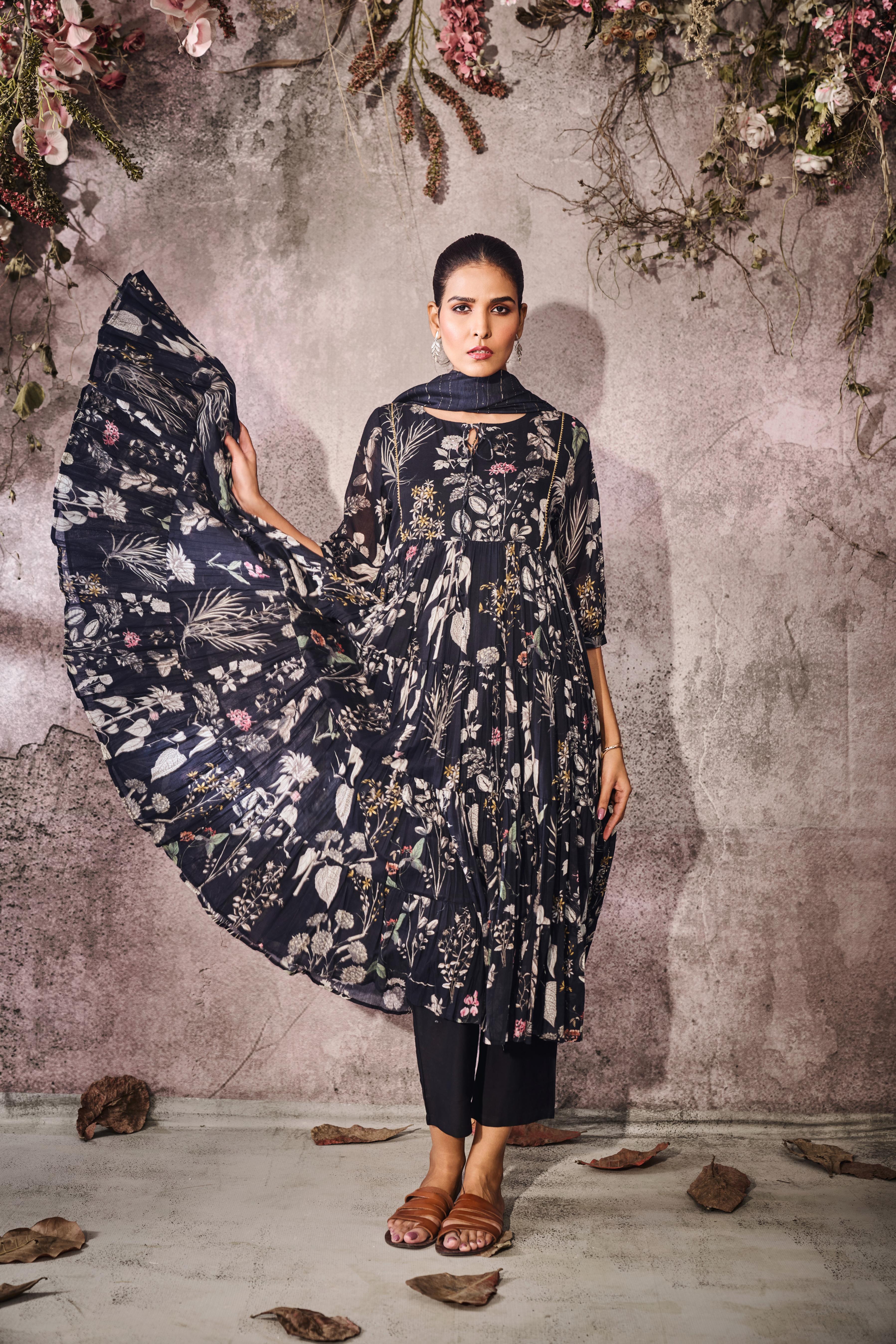 Deep Navy Blue Printed Tussar Silk Anarkali Set