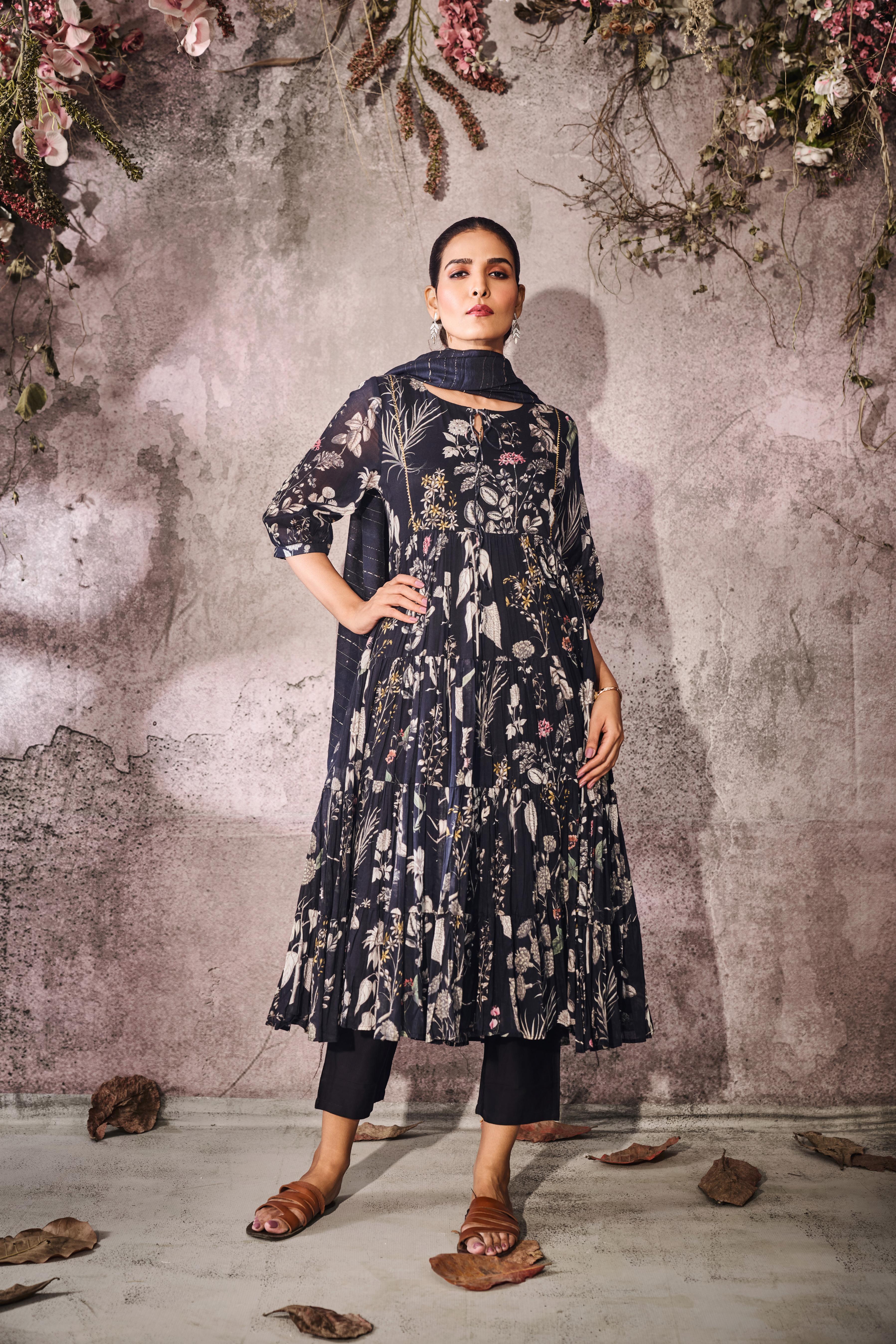 Deep Navy Blue Printed Tussar Silk Anarkali Set