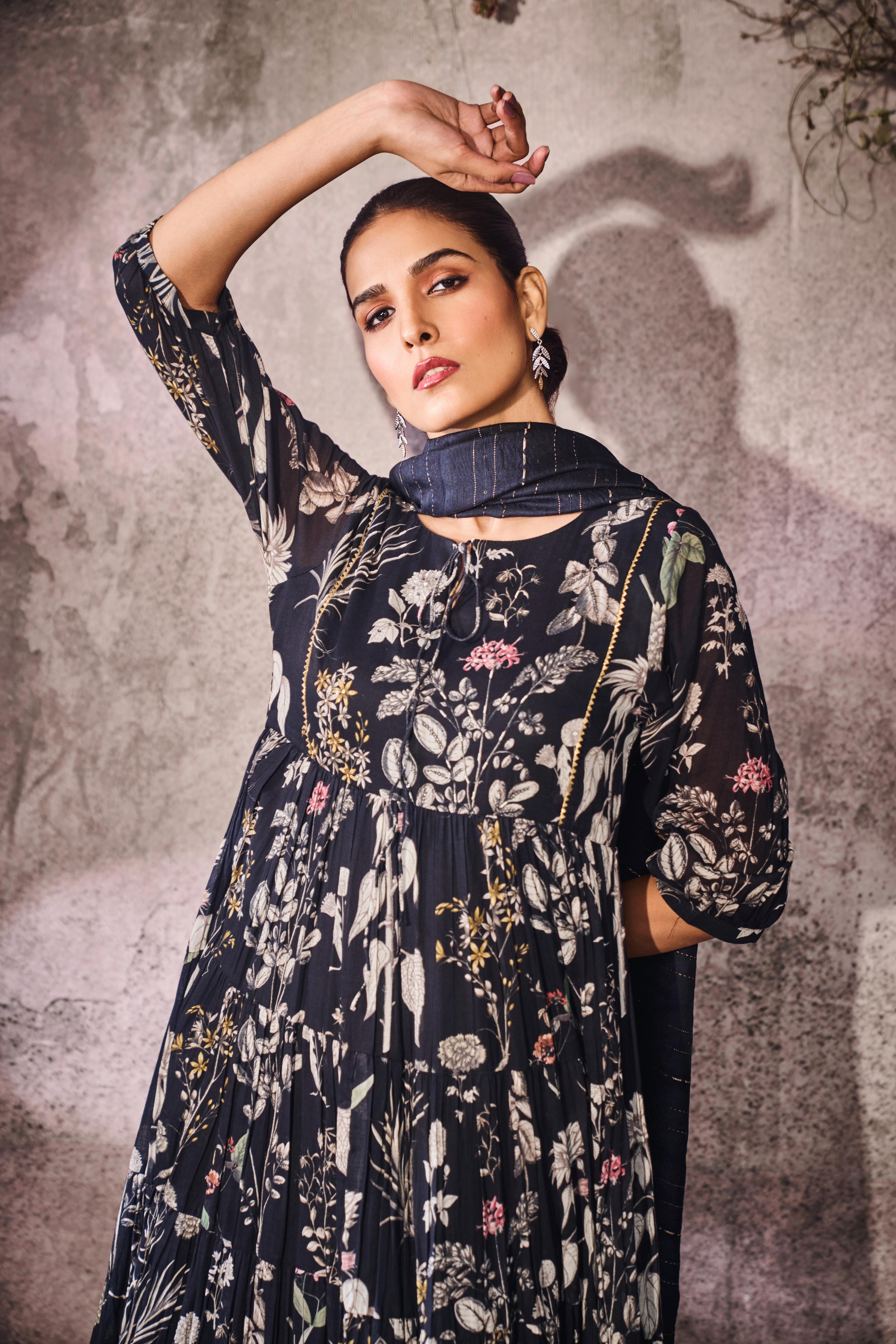 Deep Navy Blue Printed Tussar Silk Anarkali Set