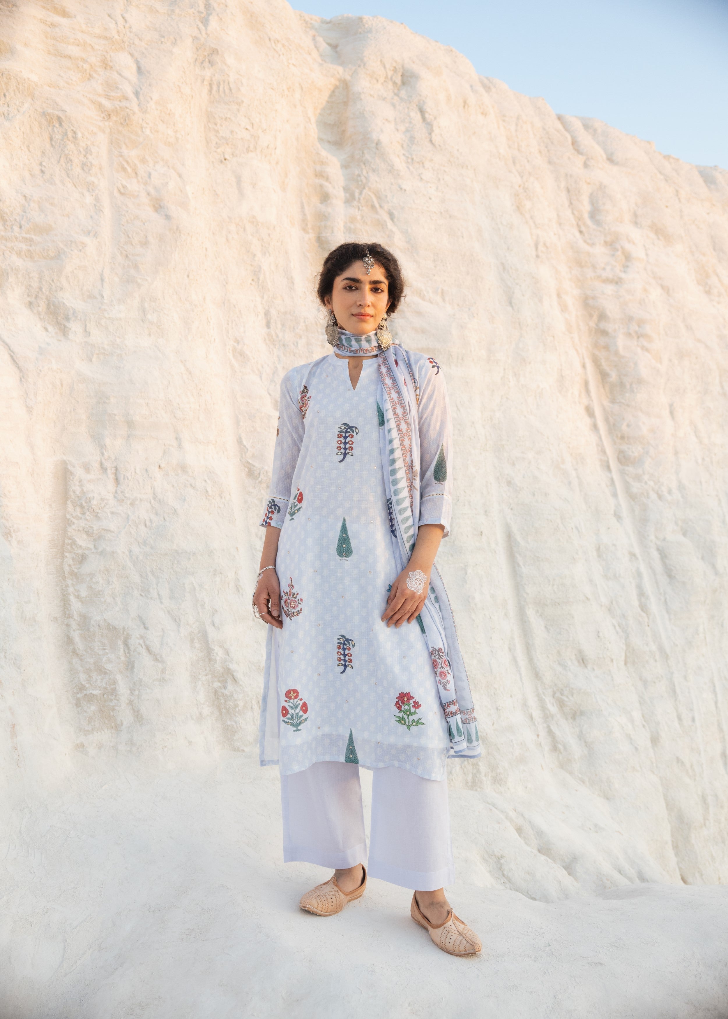 Powder Blue Embellished Kota Doria Pant Set