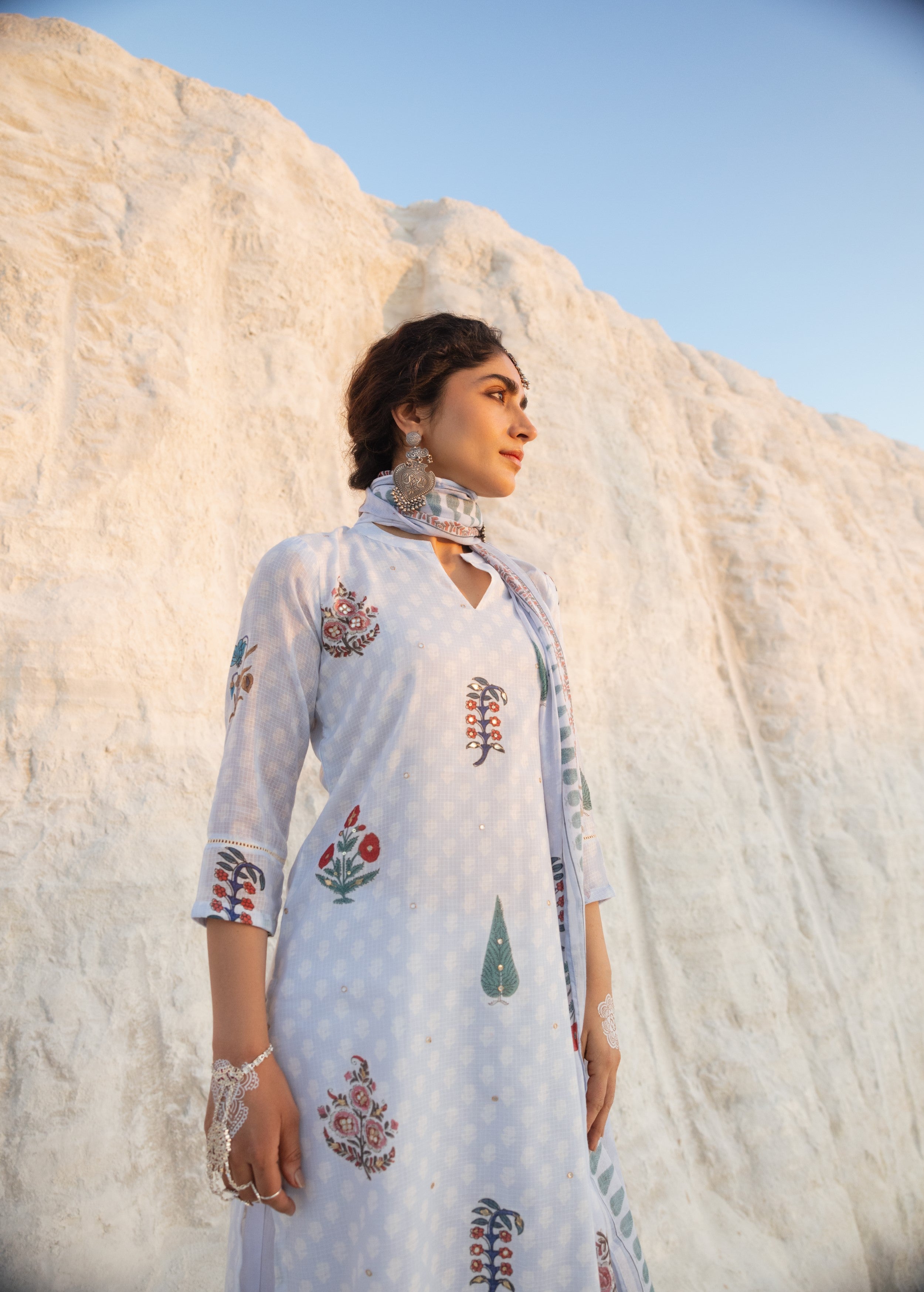 Powder Blue Embellished Kota Doria Pant Set