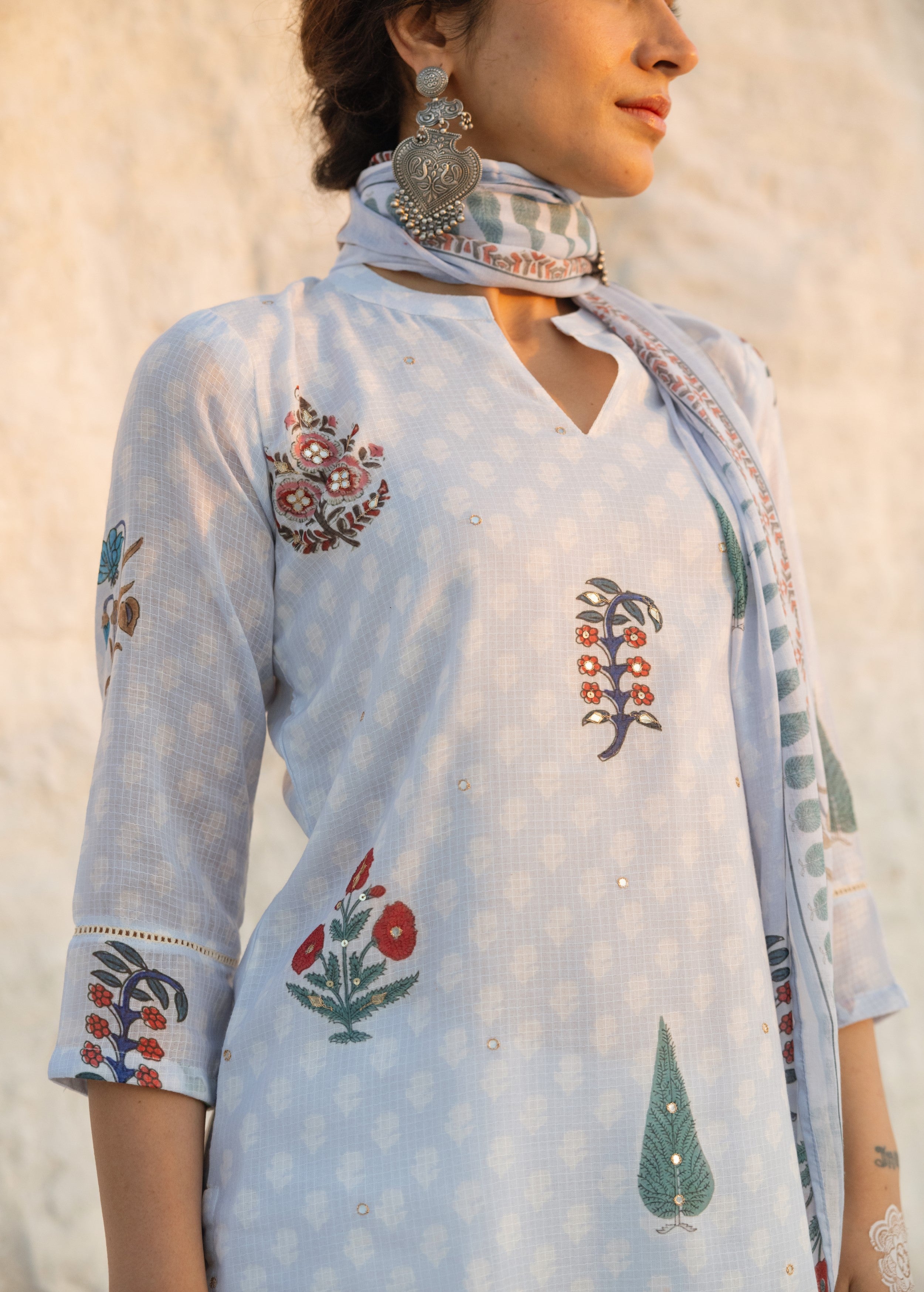 Powder Blue Embellished Kota Doria Pant Set