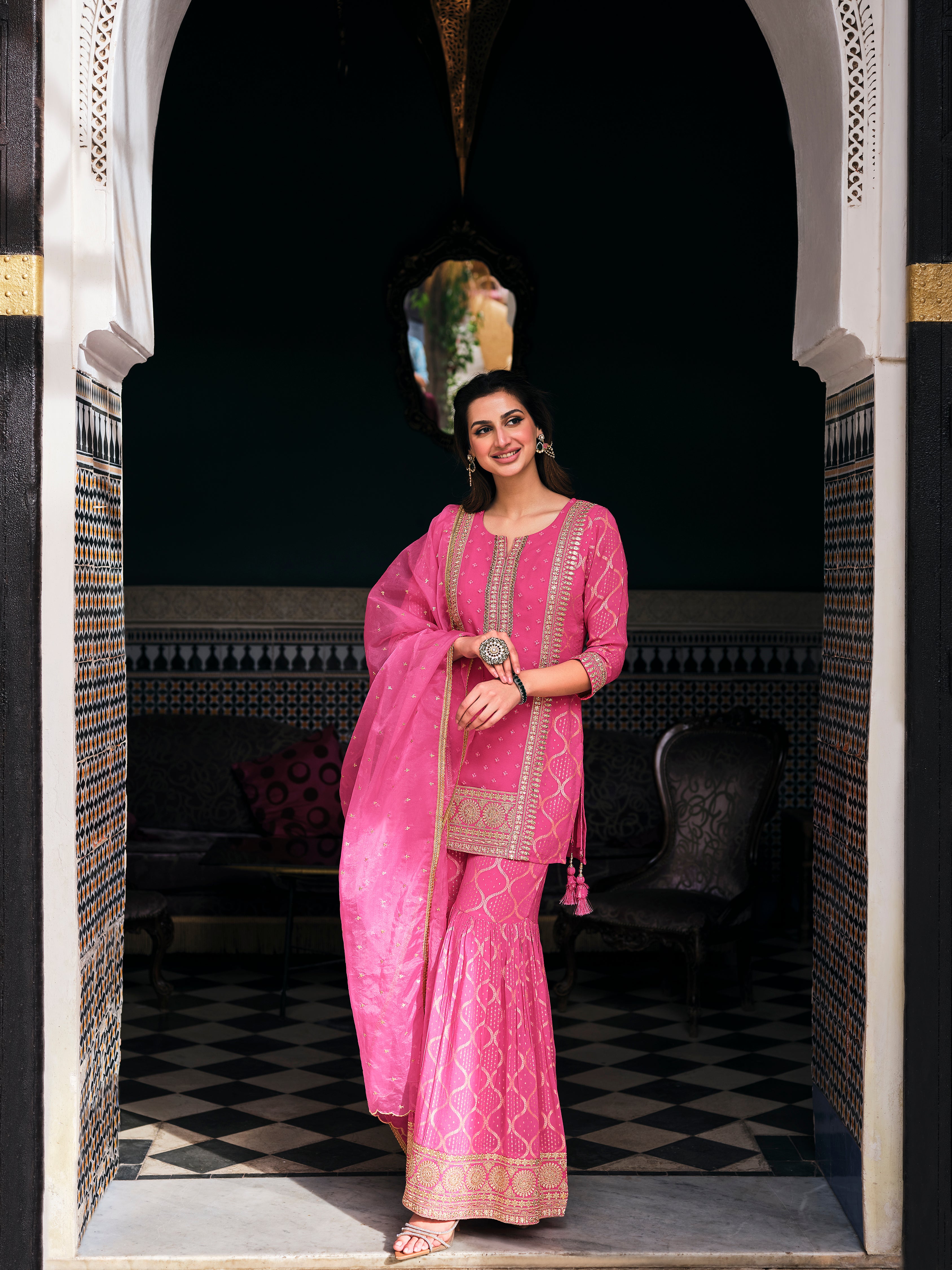 French Pink Georgette Silk Sharara Set