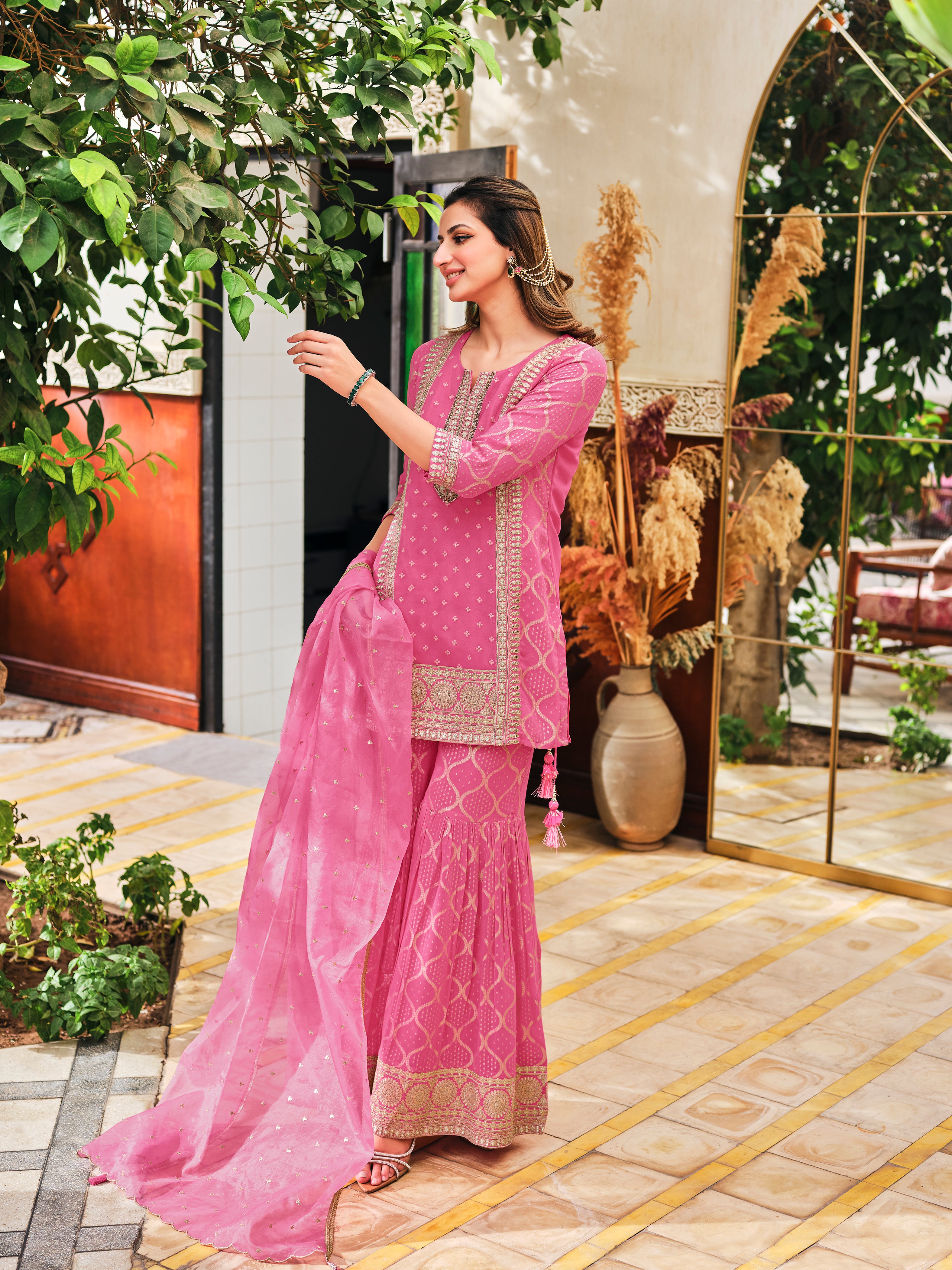 French Pink Georgette Silk Sharara Set