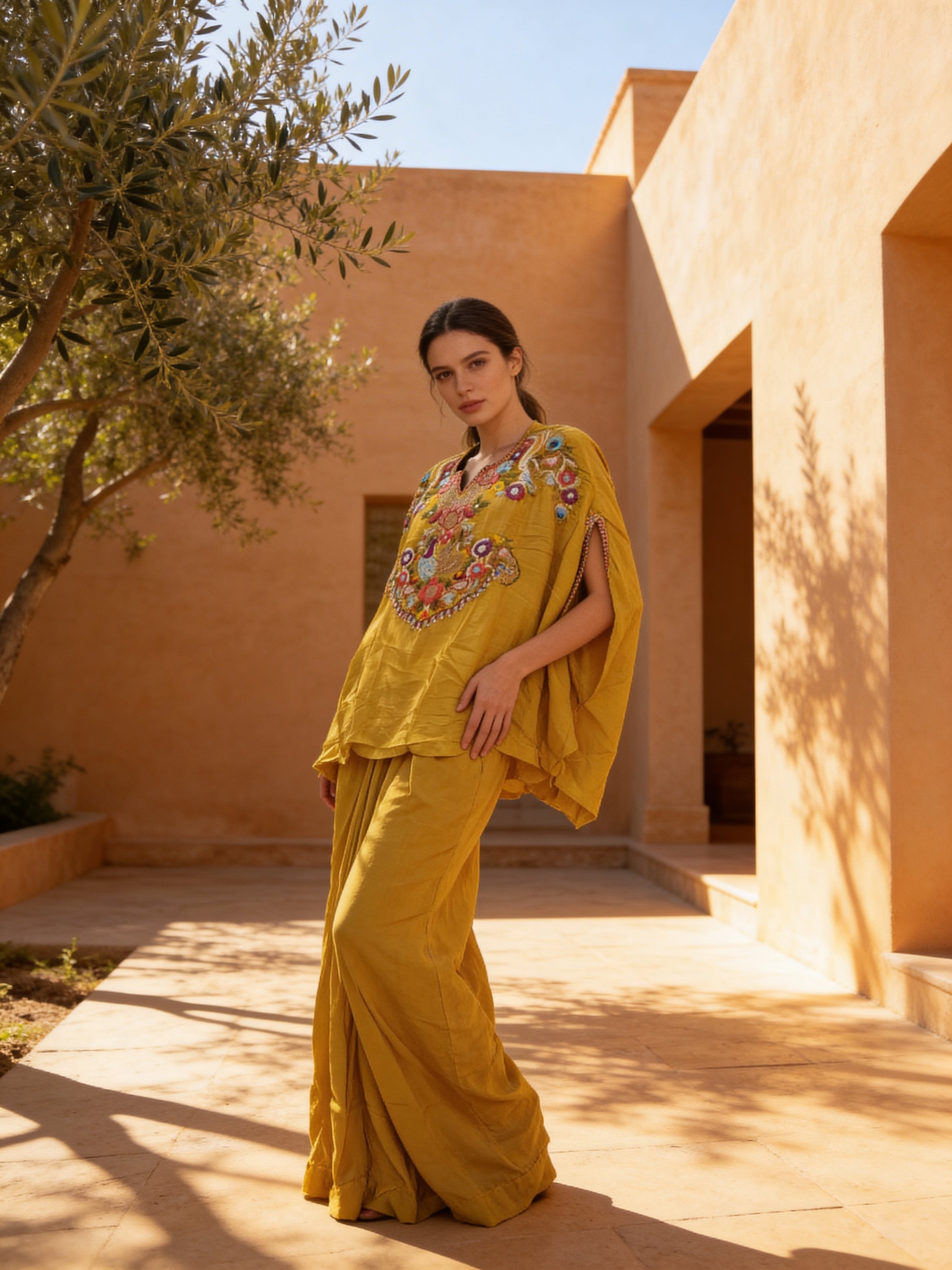 Mustard Embellished Premium Silk Skirt Set