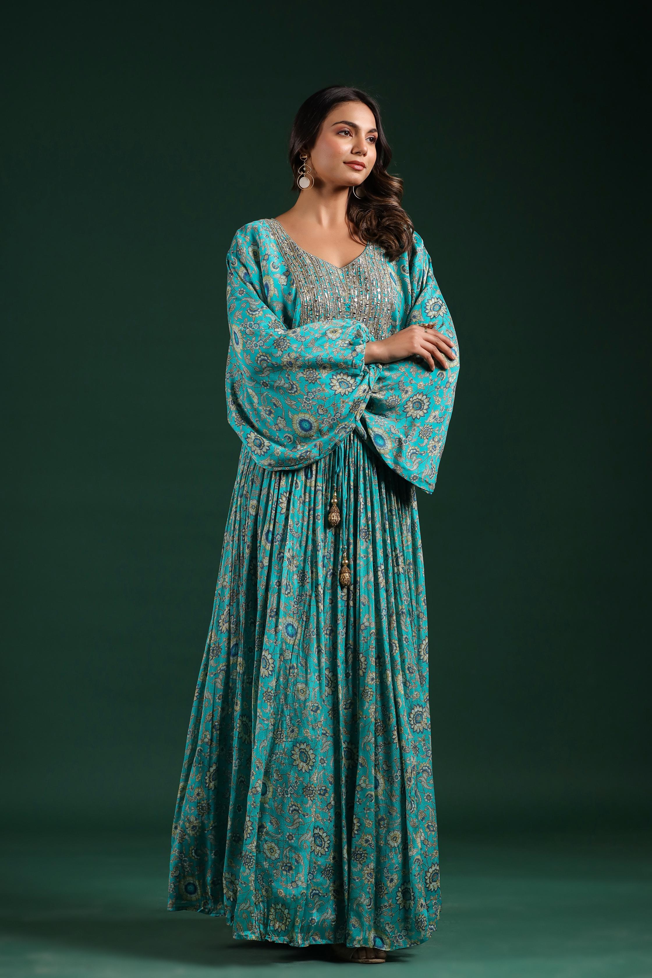 Sapphire Blue Embellished Chinon Silk Skirt Set