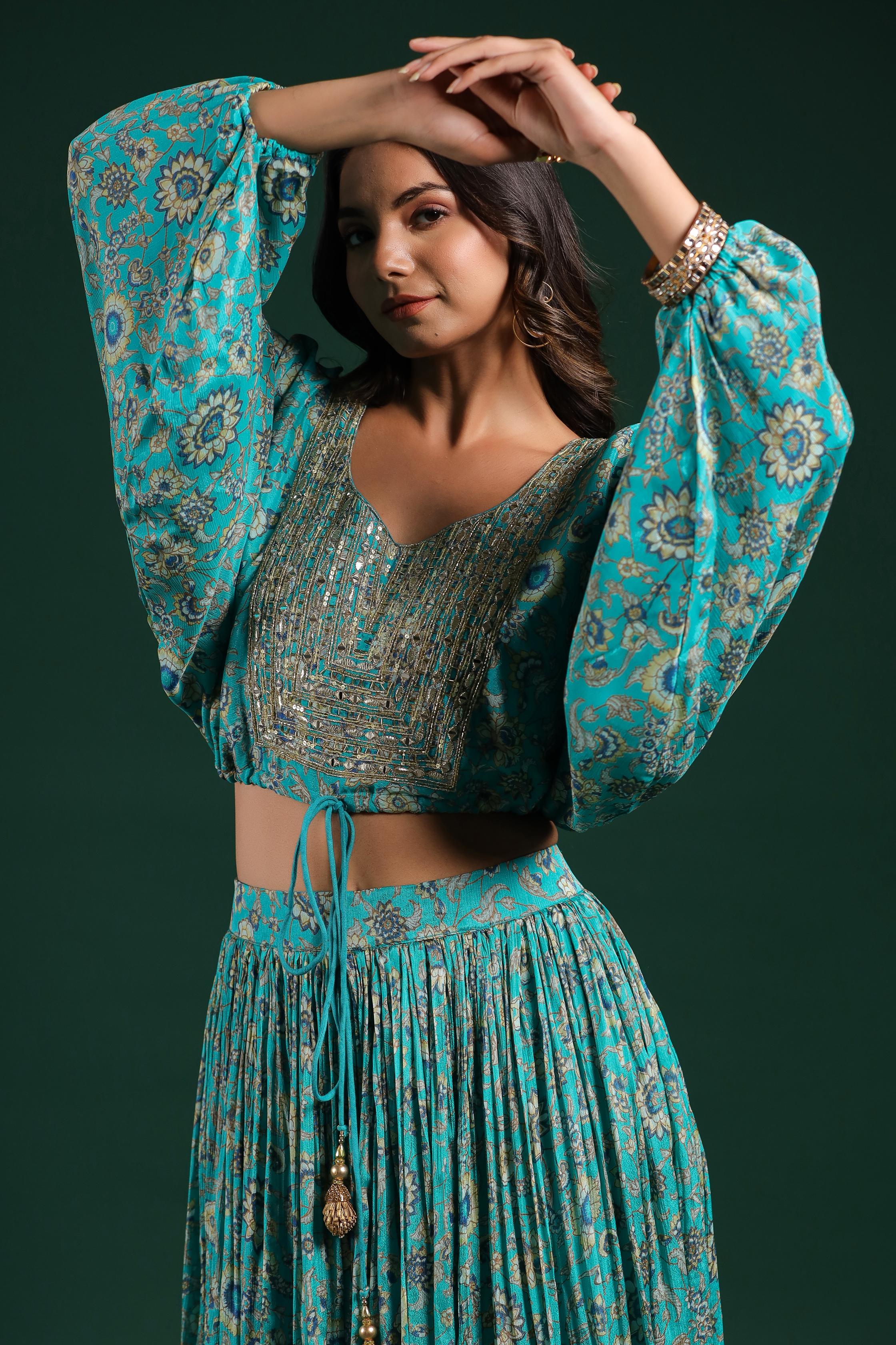 Sapphire Blue Embellished Chinon Silk Skirt Set