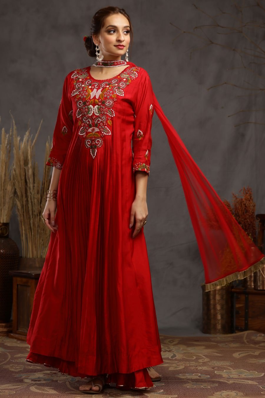 Red Muslin Silk Kali And Pleating Gown Dress And Dupatta Set