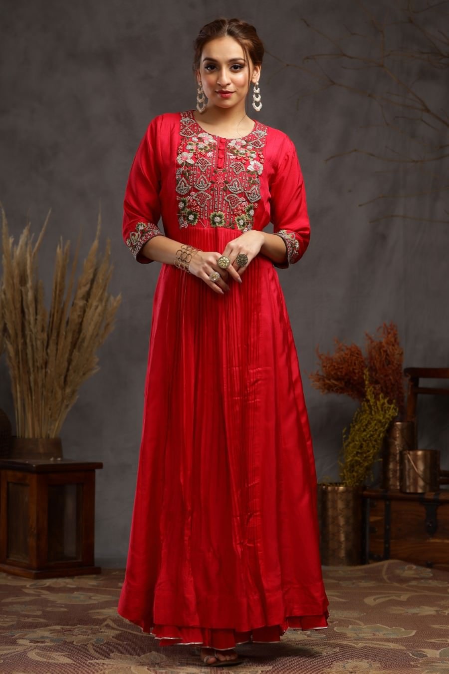 Ruby Muslin Silk Kalidar And Pleating Gown