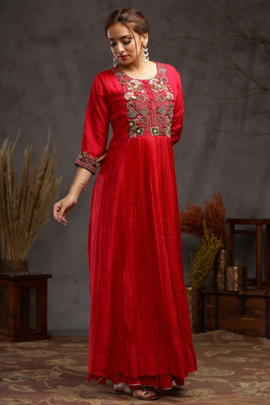 Ruby Muslin Silk Kalidar And Pleating Gown