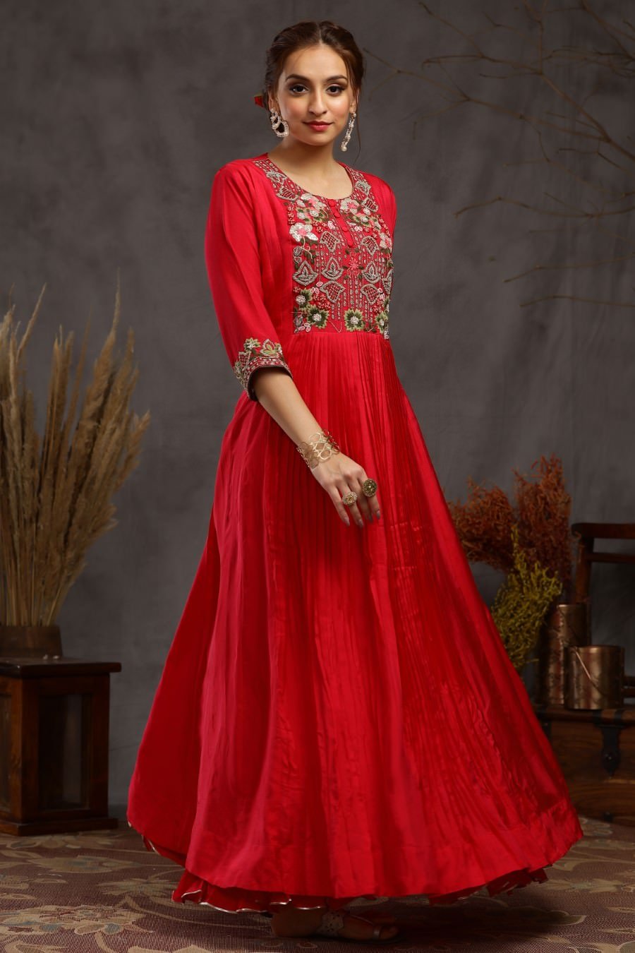 Ruby Muslin Silk Kalidar And Pleating Gown