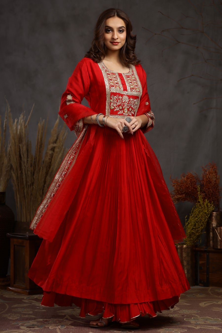 Red Modal Silk Long Enkle Length Stylish Dress And Dupatta With Embroidery