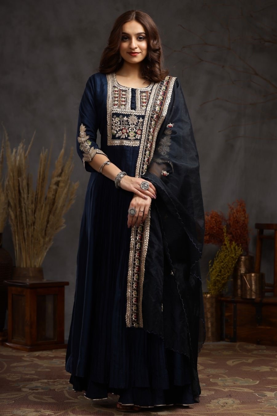 Navy blue Modal Silk Long Enkle Length Stylish Dress And Dupatta With Embroidery