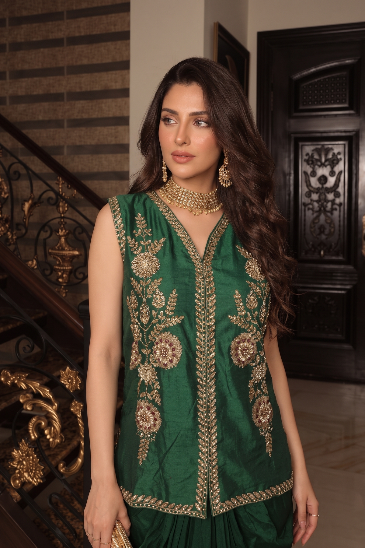 Emerald Green Muse Embellished Raw Silk Skirt Set