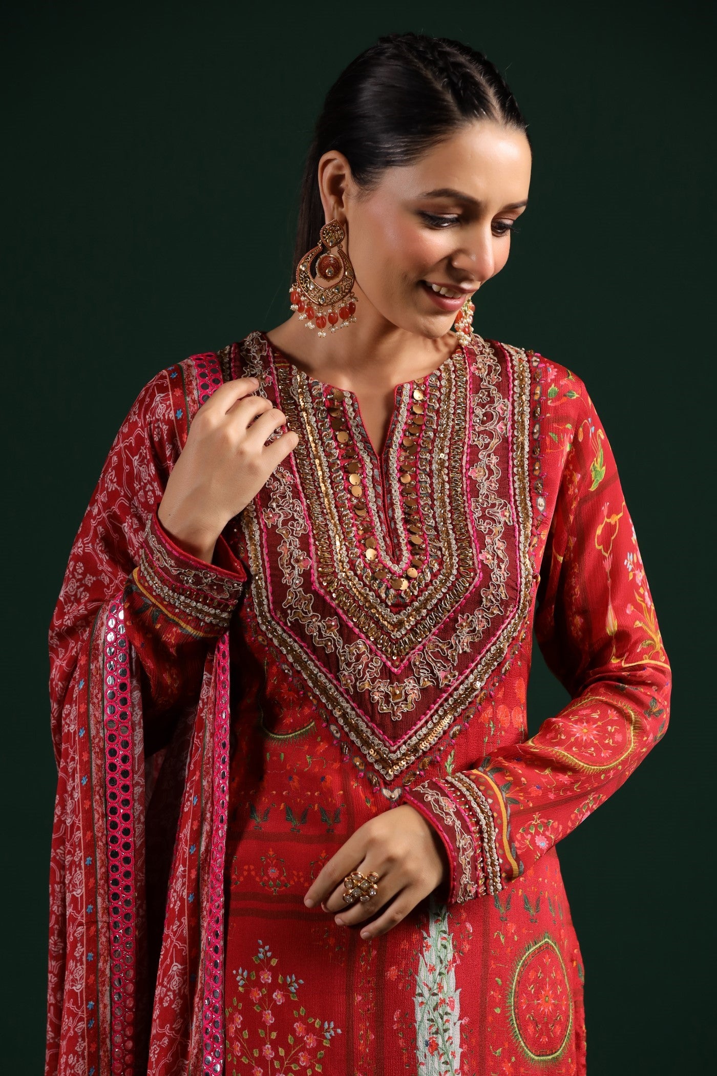 Ruby Red Wrinkled Chinon Silk Printed Sharara Set