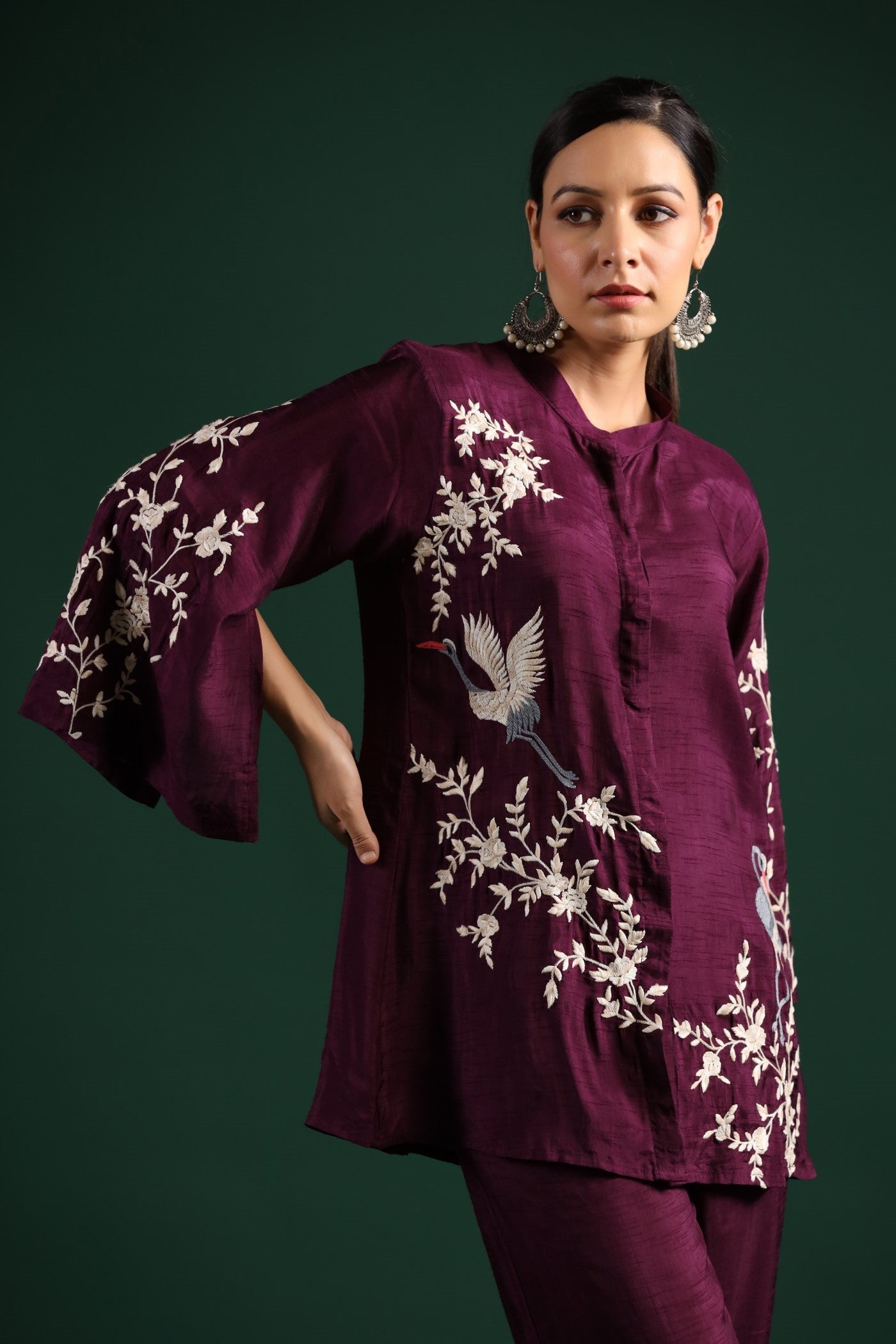 Wine Floral Embroidered Co-Ord Set