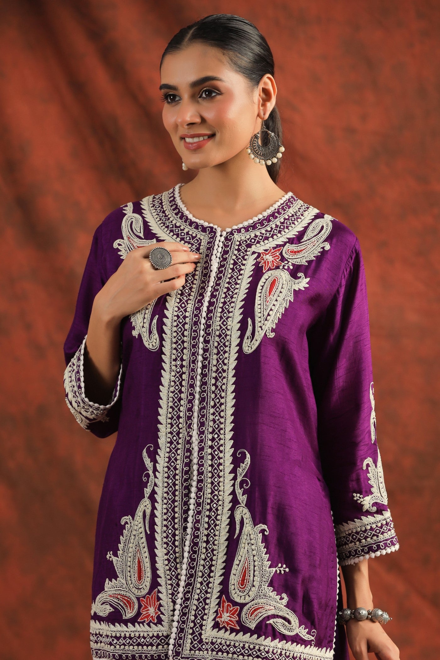 Purple Embroidered Dola Silk Tunic with Palazzo