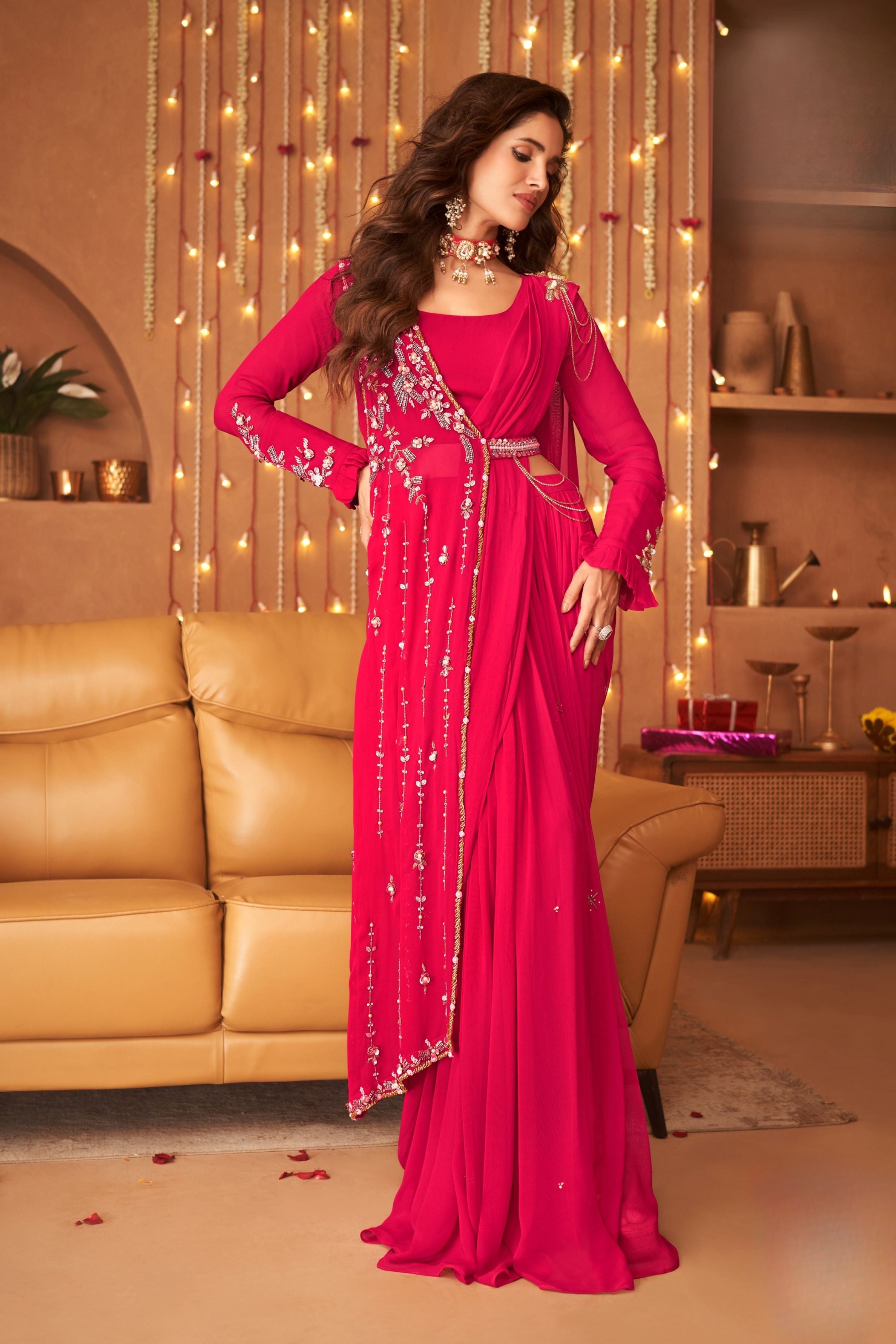 Ruby Pink Embellished Georgette Silk Draped Saree